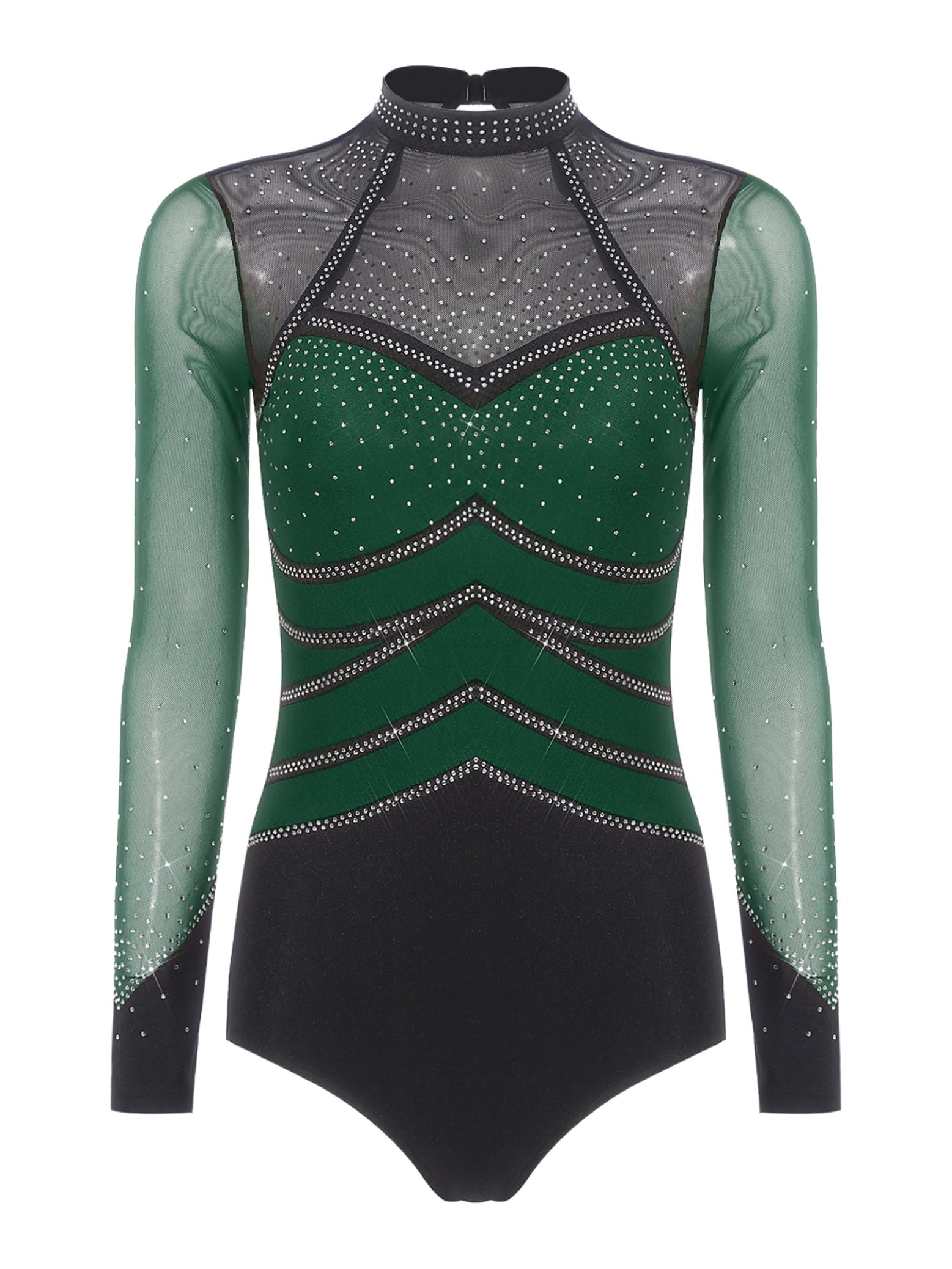 Leotardo Gimnasia Body Maillot de Danza Ballet Mujer Manga Larga con Pedrería Brillante Patinaje Artístico