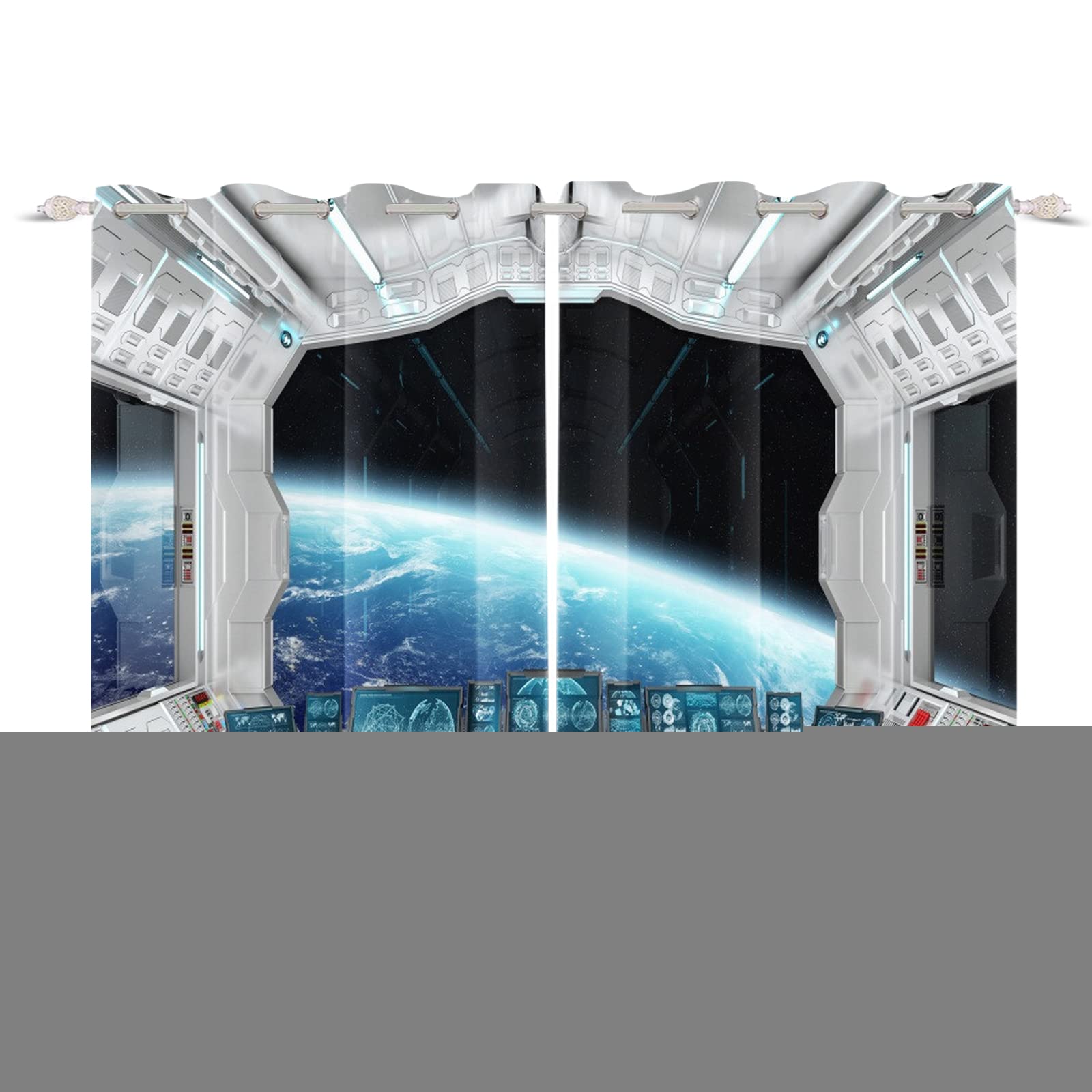 107x215cm Raumstation Fenstervorhang Futuristisch Science-Fiction Raumschiff Erde Planet für Junge Mädchen Fenster vorhänge Thermisch isoliert Vorhang für Schlafzimmer, 2 Stücke