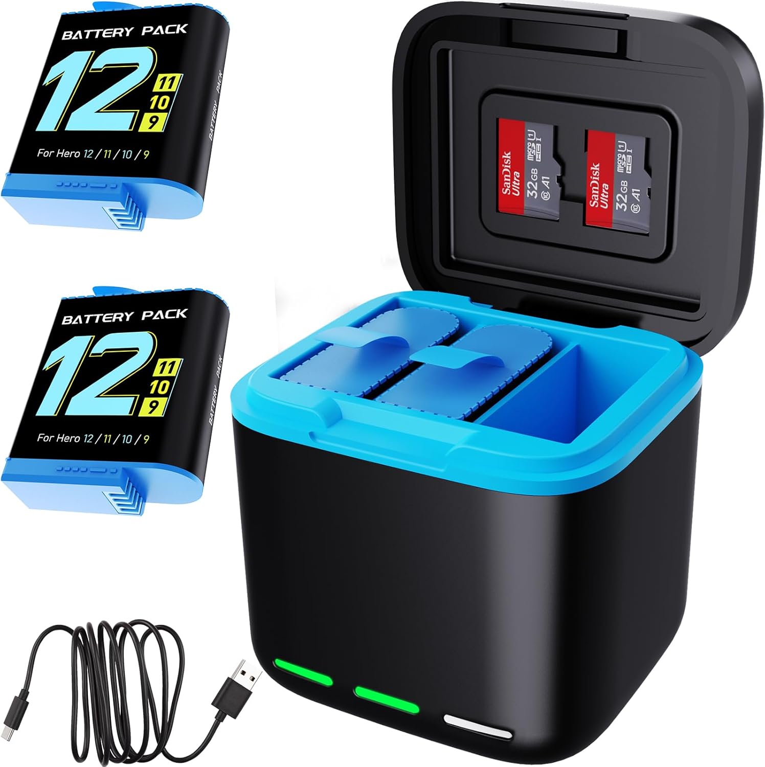 Battery Charger Kits for Hero 12/11/10/9, 3-Pack 2000mAh Battery and 3-Channel Fast Charger Fully Compatible with GoPro Hero 12, Hero 11, Hero 10, Hero 9 Black Official with Micro SD Card Slot