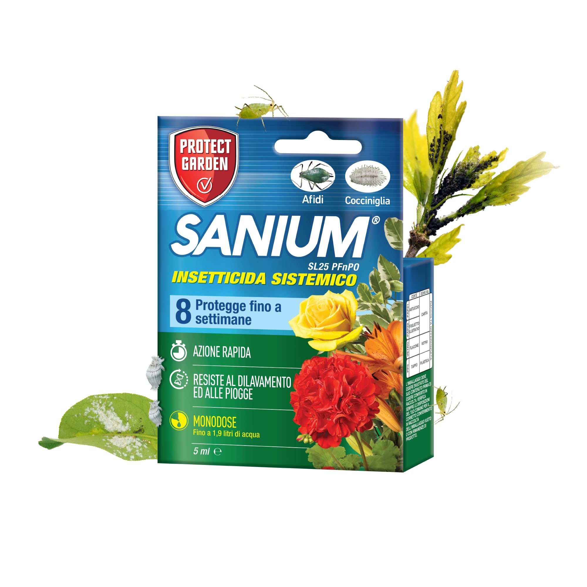PROTECT GARDEN Sanium SL 25 PFnPO, Insetticida Sistemico Concentrato. Elimina Afidi, Cocciniglia. Rapida Azione Abbattente. Fino a 8 Settimane di Protezione. 5ml