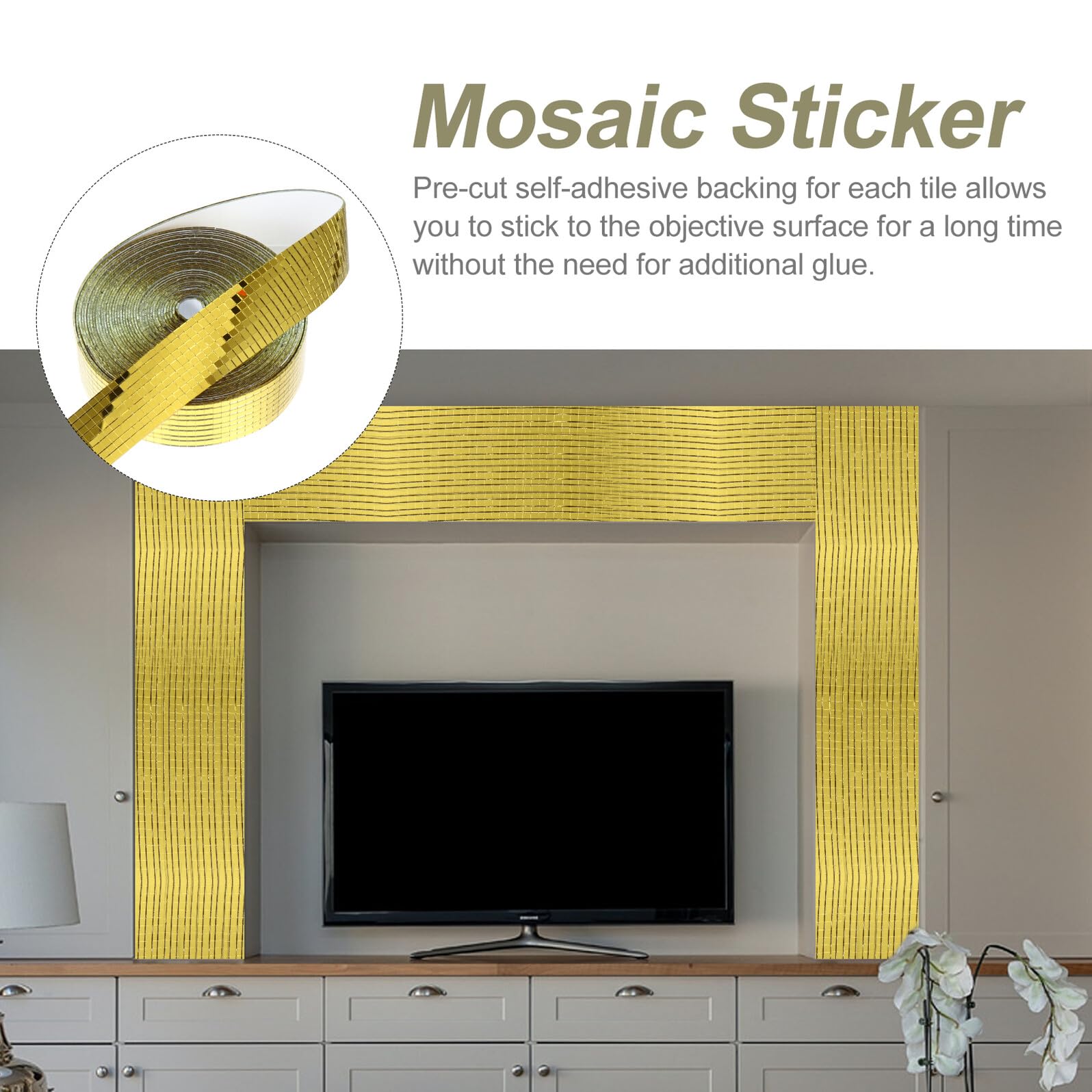 Piastrelle Mosaico Autoadesive in Fibra di Vetro 10m X 5x5mm Specchio Quadrato Dorato, Facili da Applicare per Decorazione Pareti in Cucina e Ufficio