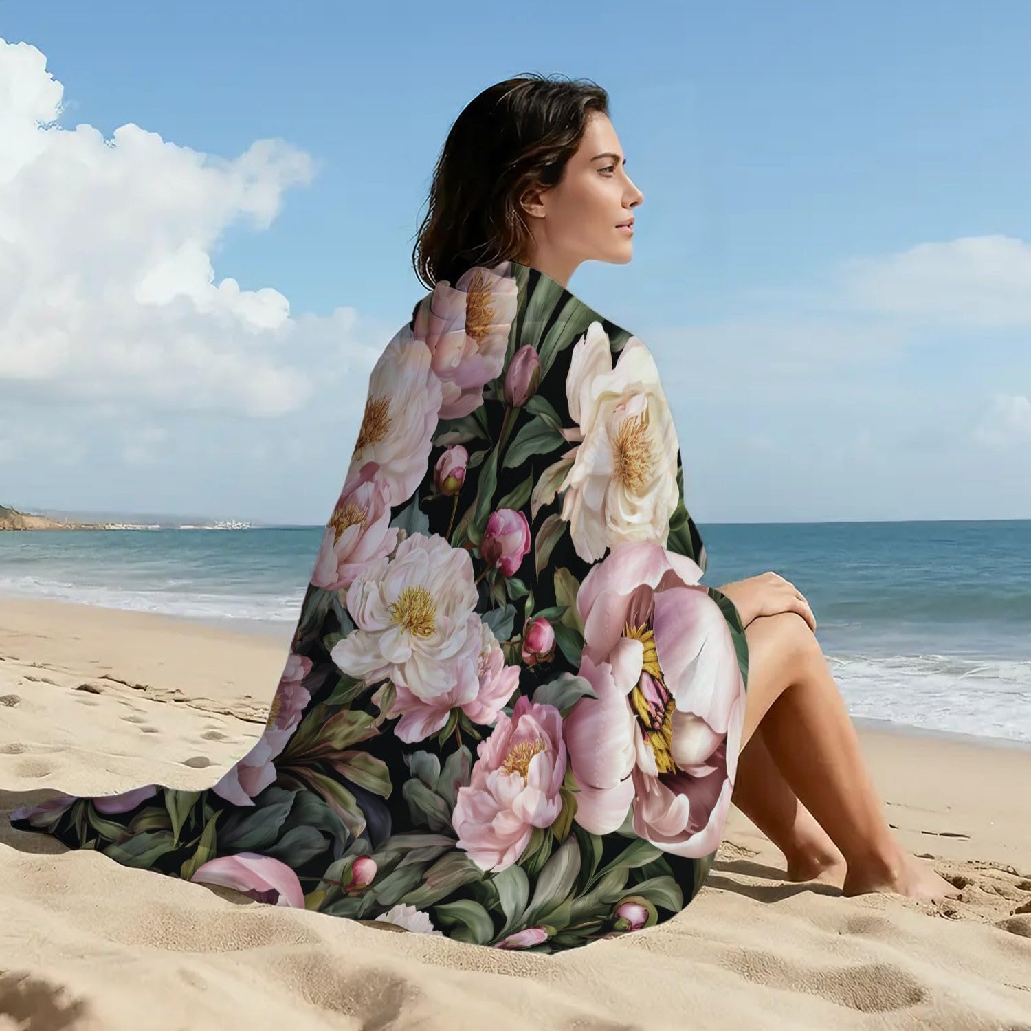 Telo mare moderno naturale, extra large, 200 x 100 cm, in microfibra, senza sabbia, ad asciugatura rapida, romantico, elegante, morbido, con piante, floreale, ideale come regalo per le vacanze per la