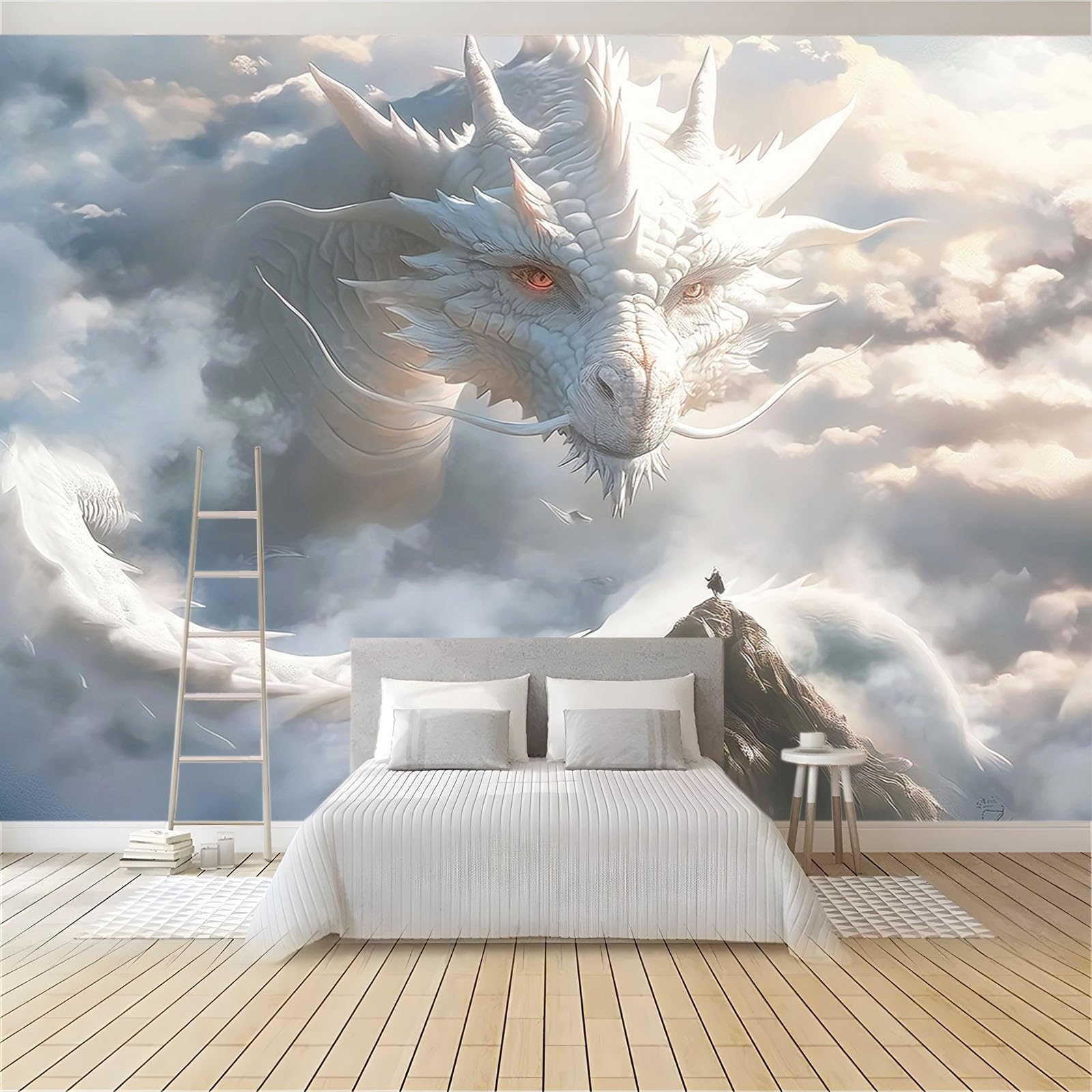 Cartoon-Stil Fototapete 3D Effekt Bergweißer Drache Fototapeten Wandbild Motivtapeten Vlies-Tapeten Moderne Wandtapete Wand Schlafzimmer Wohnzimmer Dekoration B350 x H256 cm