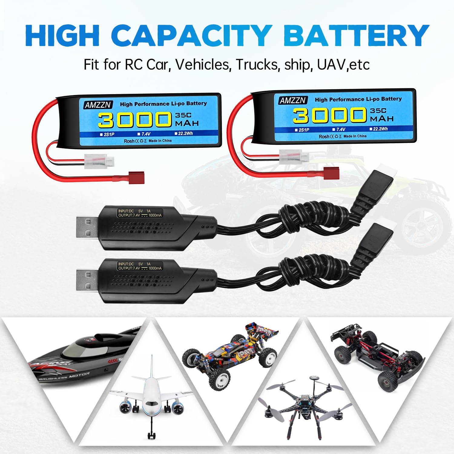 2 Stück 2S T-Stecker Lipo Batterie 7.4 V 3000mAh 35C mit USB-Ladekabel für RC Auto, LKW, Automodelle, ferngesteuerte Schiffe, RC Quad-Rotor, FPV-Drohnenbatterien