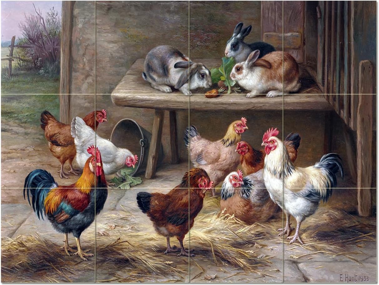 Mural de azulejo de gallinas gallo conejos de granja cocina salpicadero mármol cerámica - Imagen 11 de 14