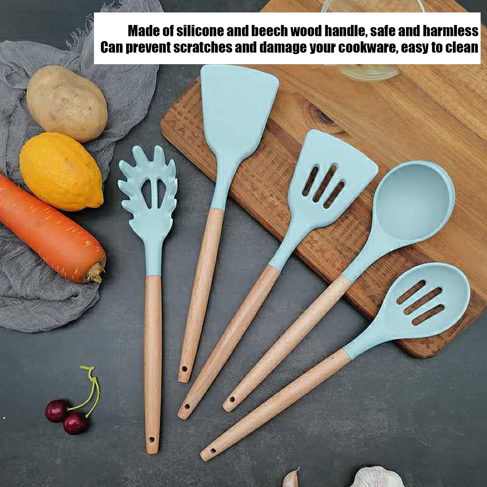 Silikon-Kochutensilien-Set, 12-teiliges Küchenutensilien-Set Antihaft-Kochutensilien mit Holzgriff, Silikon-Küchengeschirr