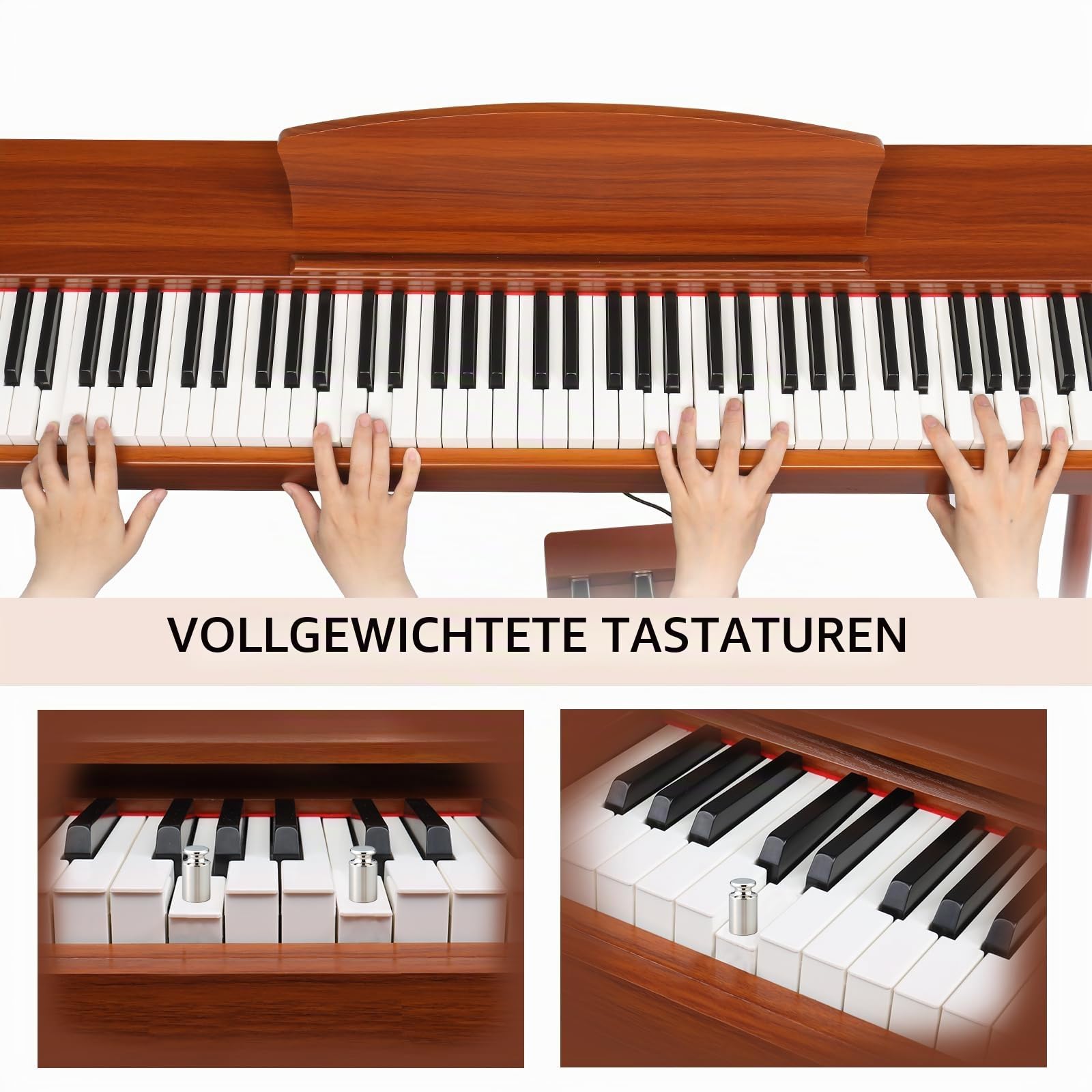 LALAHO E-Piano 88 Tasten Gewichteten, Klavier Digital Piano für Anfänger, Keyboard Piano mit 3 Pedal Einheit, Vierbeinständer, Doppel-Bluetooth, Stereolautsprechern, Rotbraun