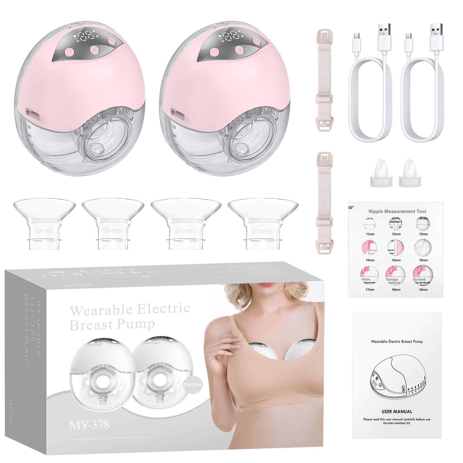 Tire-Lait Électrique Double, 210 ml, 4 Modes, Rose, 2 Pièces | Double pompage, 12 niveaux, écrans LED, recharge USB-C et tailles 19/21/24 mm pour gagner un temps précieux au quotidien