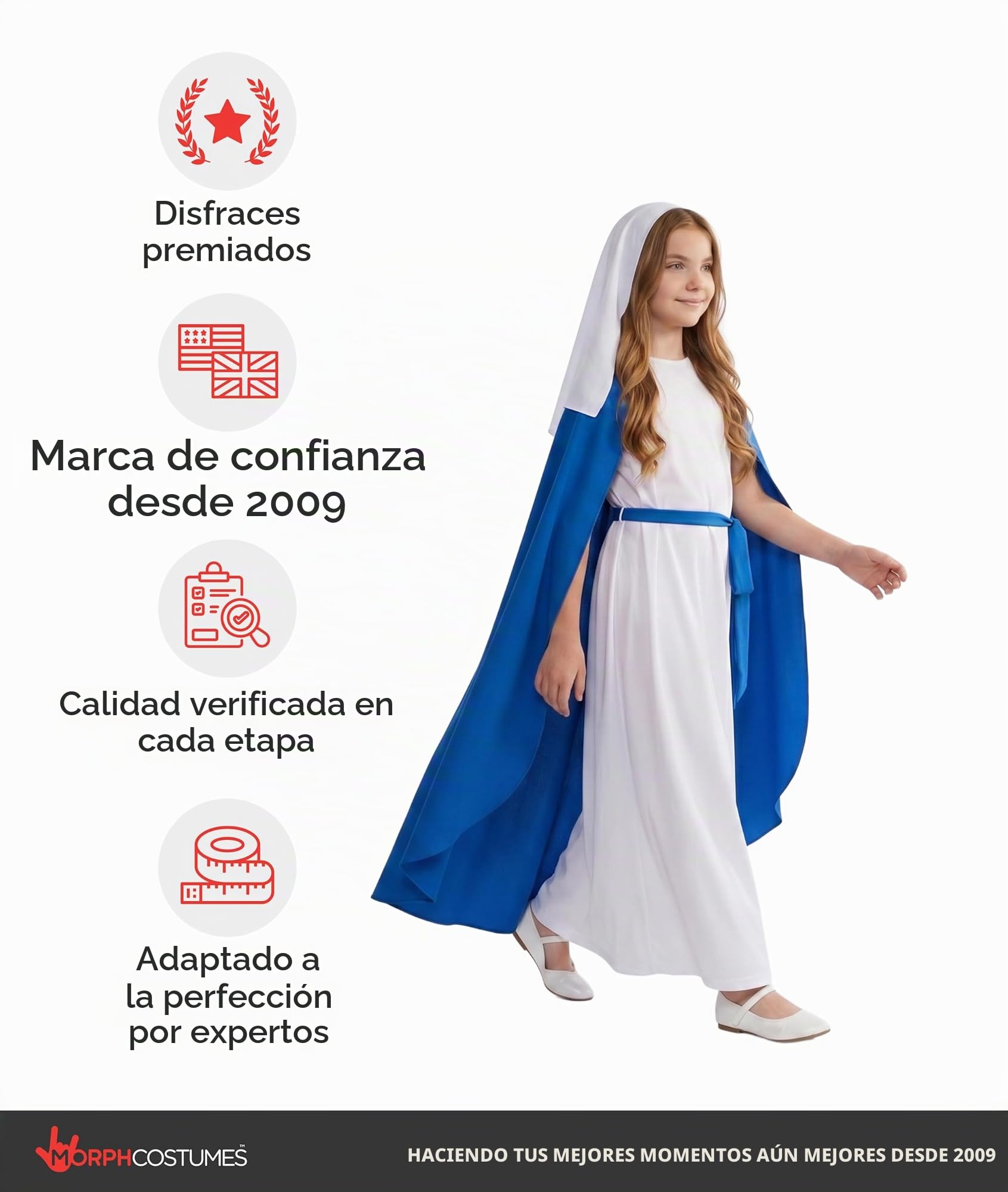 Morph Disfraz Virgen Maria Niña, Disfraz Belen Halloween Niña | Túnica Azul, Capucha, Cinturón & Capa Larga, Estilo Belén, Perfecto para Halloween, Ideal para Juegos de Rol