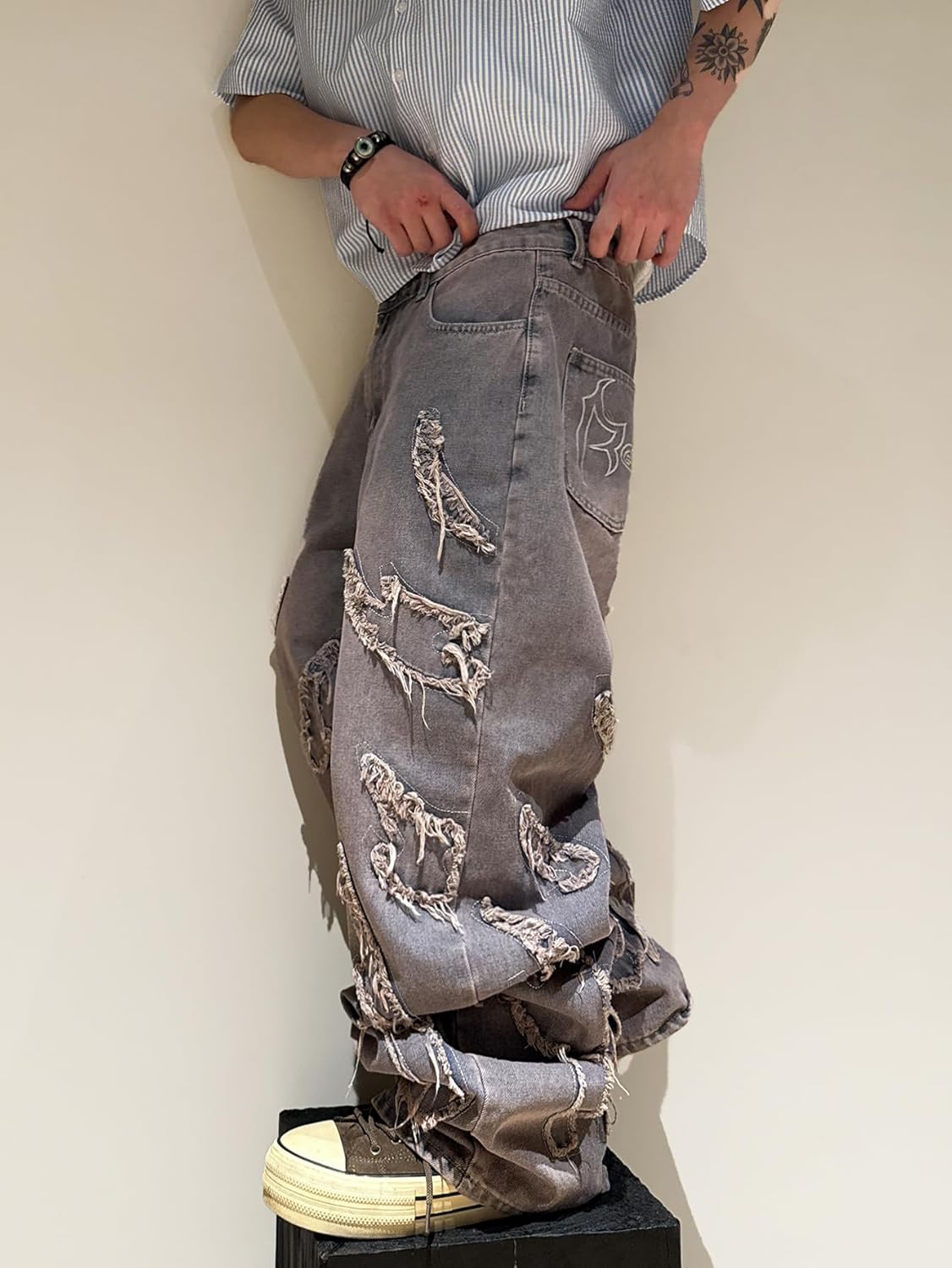 DFGIGT Men's Baggy Jeans Patchwork Embroidery Jeans Fringe Frayed Edges Wide Leg Denim Pants - Image 3