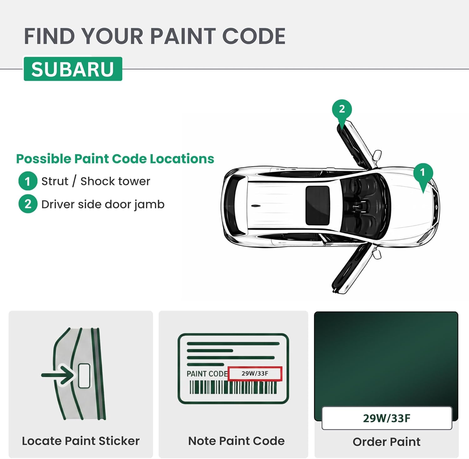 ERA Paints - 29W/33F - Dark Green Mica for SUBARU Exact OEM Color Match Automotive Touch Up Paint for Cars - Scratch & Chip Repair for Metal & Plastic - Essential Kit - Made in USA
