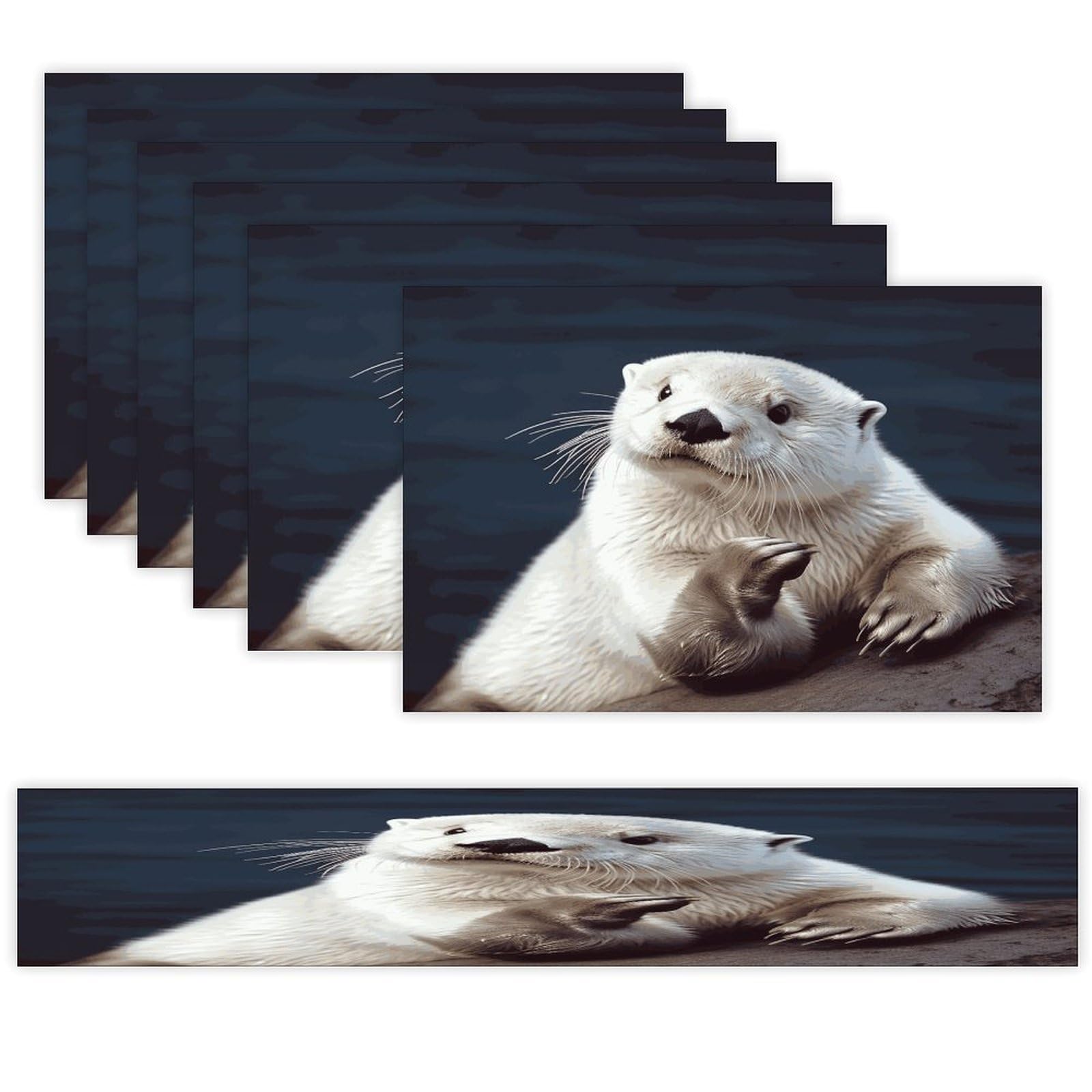 White Otter Table Runner and Placemats Set of 6 for Kitchen Washable Table Mats Heat Resistant Place Mats Non-Slip Place Mat Wipeable Placemat(6 Placemats+1 Table Runner)