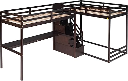 Miniatura 4 de GLORHOME Litera triple en forma de L de madera individual sobre individual con una cama alta de tamaño individual y cabecera y estribo muebles de