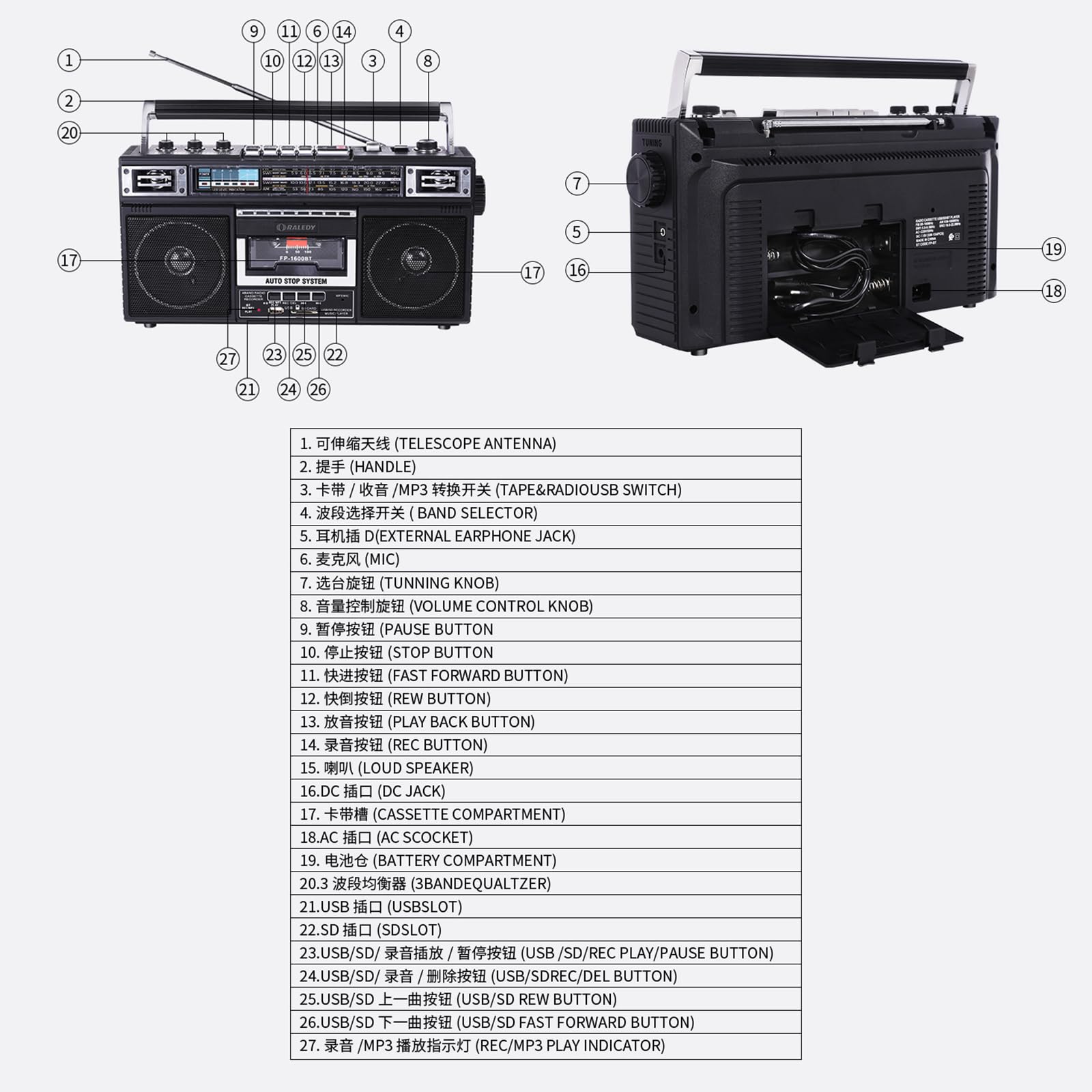 Radio De Cinta Retro, Radio Portátil De Cuatro Bandas, Admite Cinta Bluetooth U Disco Reproducción De Tarjeta SD, Admite Función De Transcripción, Modo De Fuente De Alimentación Dual CC/CA