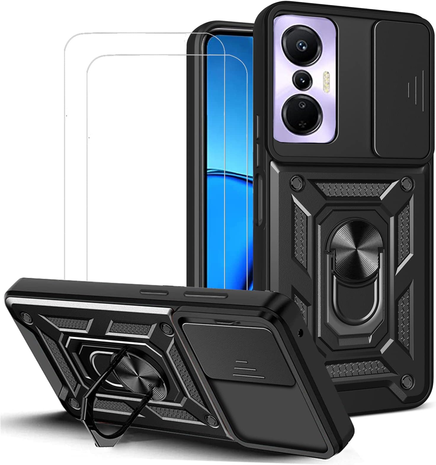 for Infinix Hot 20S Case with Camera Cover and Stand Kickstand Ring with Tempered Glass Screen Protector [2 pieces],Military Grade Shockproof Protective Cover, Black