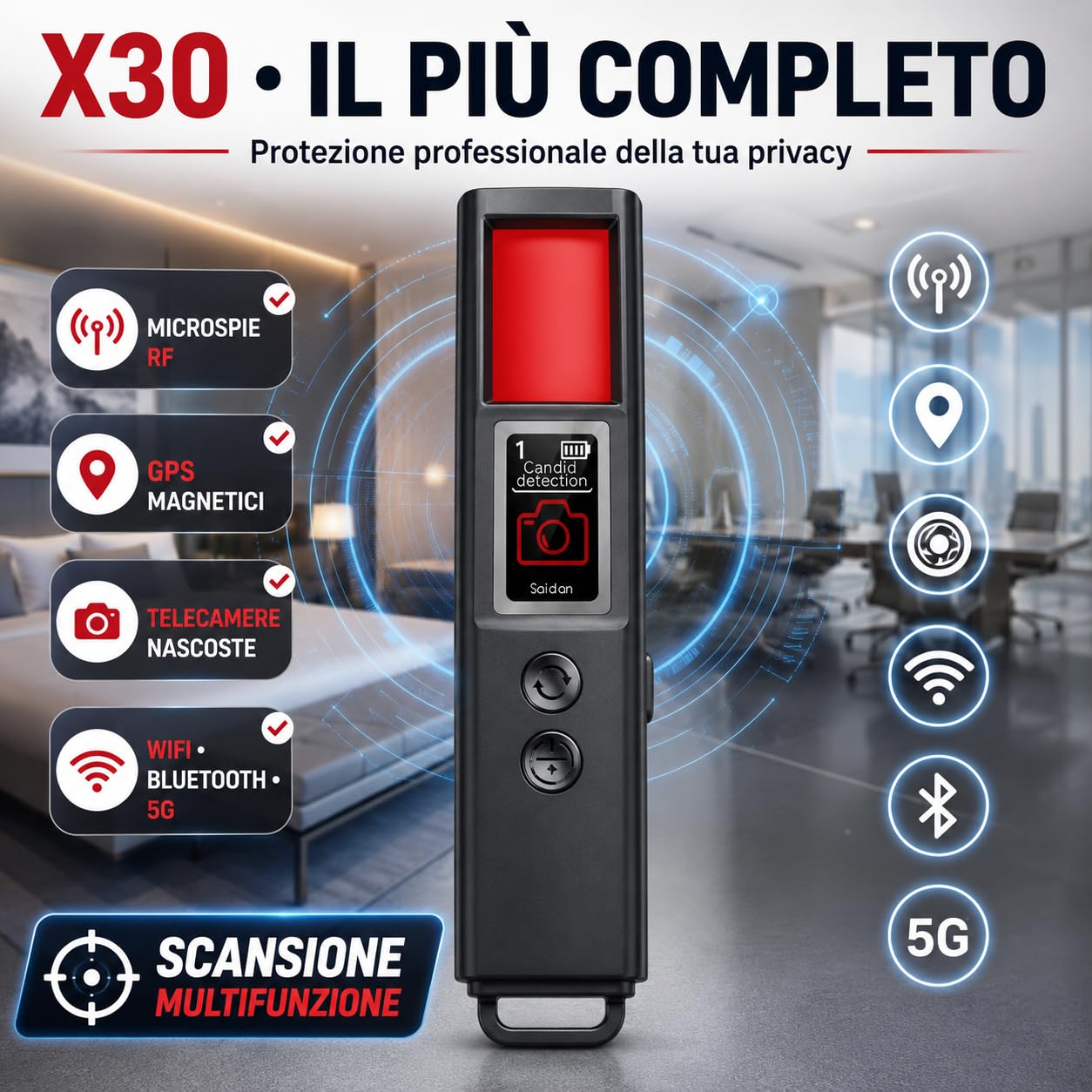 Rilevatore Multifunzione Professionale Anti Spia – Scanner per Telecamere Nascoste, Microspie, GPS e Segnali RF – Rilevamento WiFi, Bluetooth, GSM, 4G/5G con Sensore Magnetico (X30)