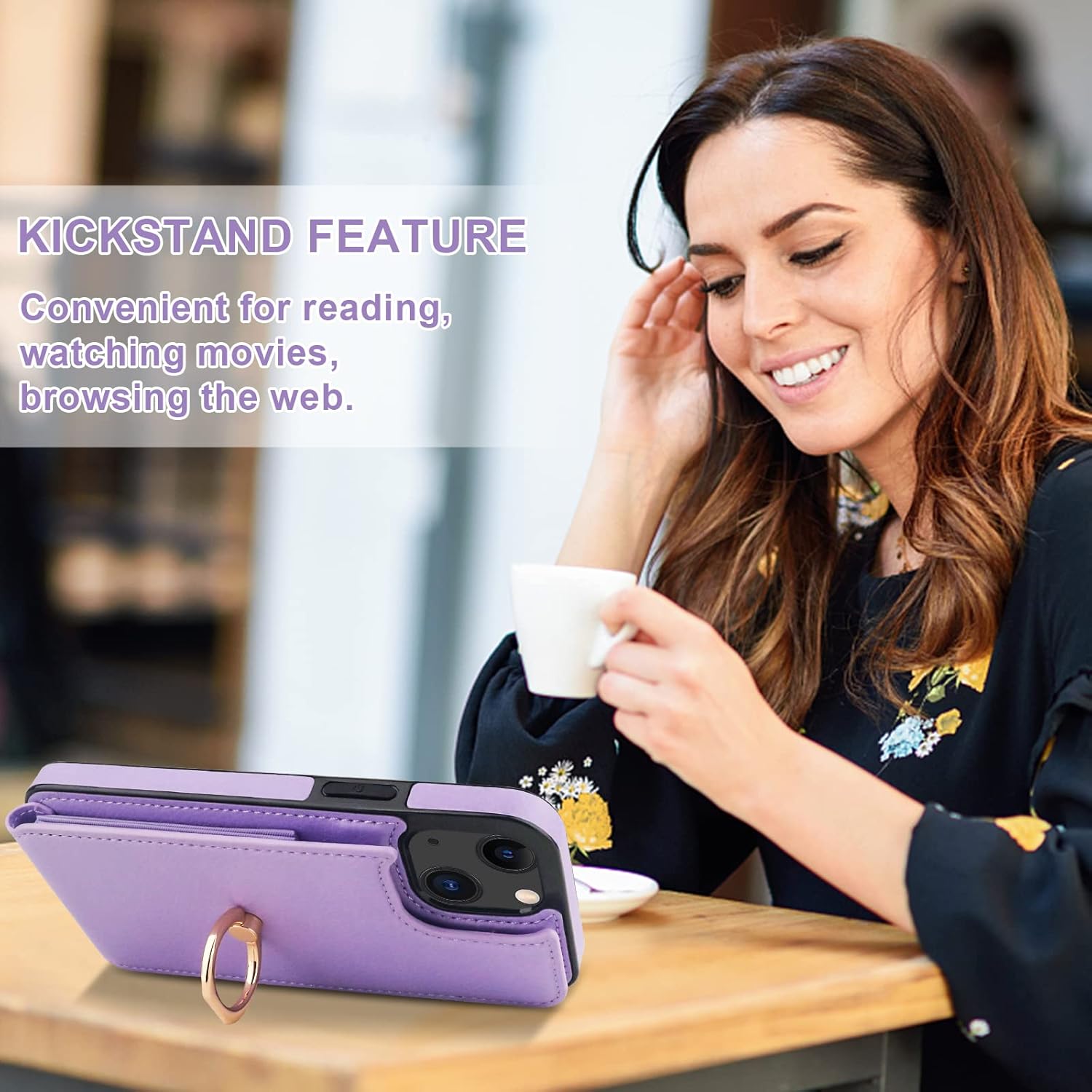 Folosu Compatible with iPhone 14 Case Wallet with Card Holder, 360°Rotation Finger Ring Holder Kickstand, RFID Blocking Leather Protective Double Buttons Shockproof Cover 6.1 Inch Purple