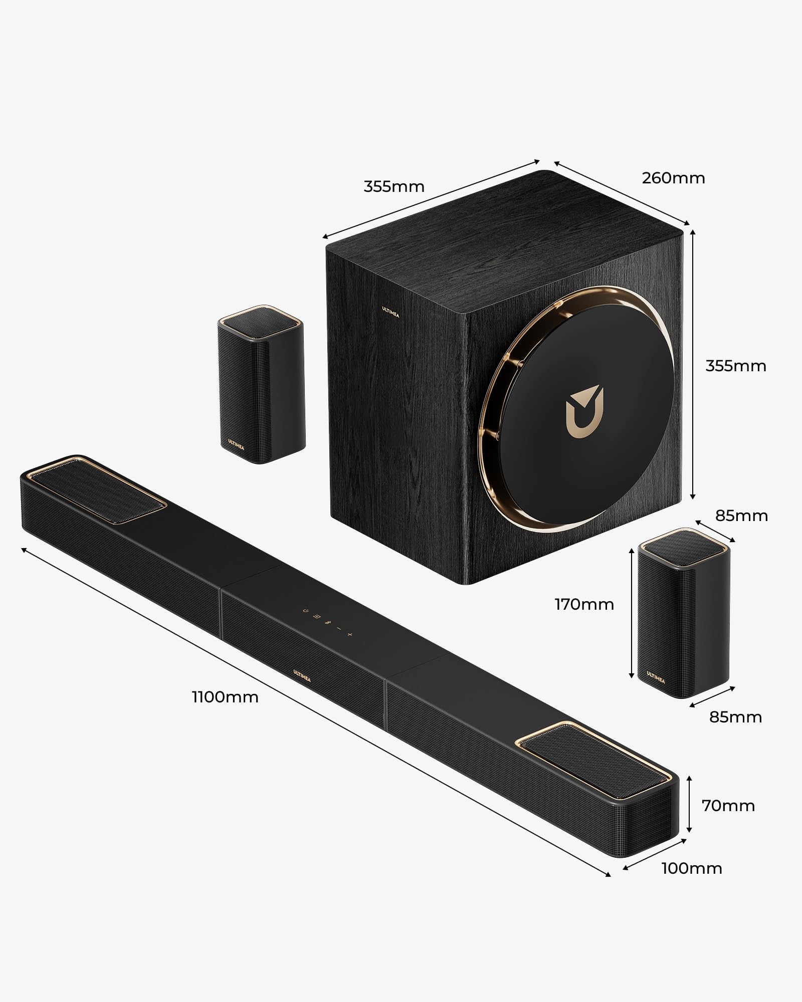 ULTIMEA Skywave X50 5.1.4ch Wireless Surround Sound System for TV, 760W Professional Sound Bar w/Dolby Atmos, 2 Wireless Surround Speakers & 8" Subwoofer, GaN Amplifier, 4K HDR Pass-Through, HDMI eARC