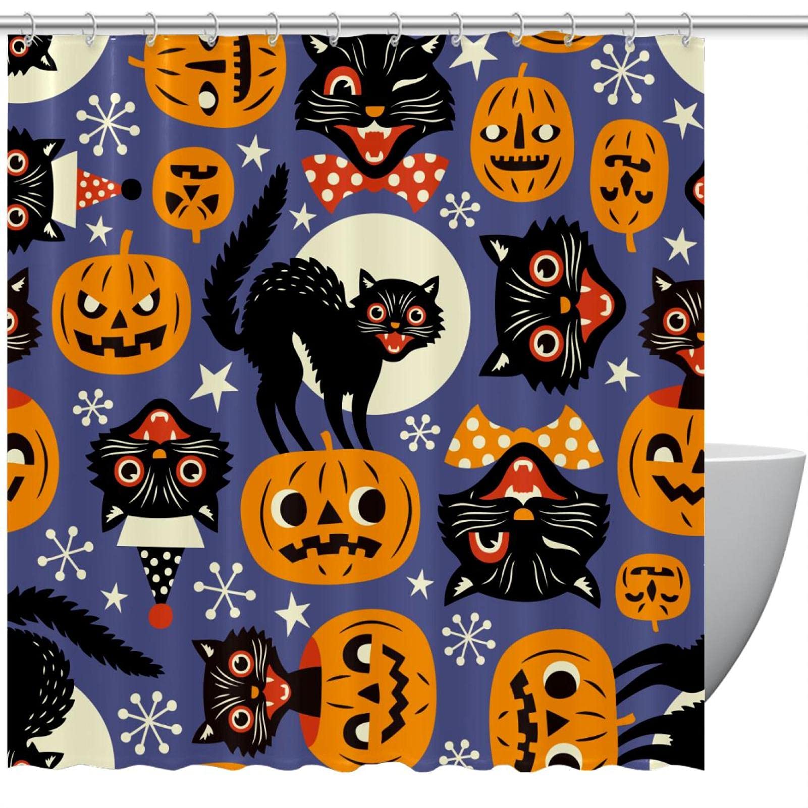 Rideau de douche Halloween citrouille chat noir imprimé coloré et drôle