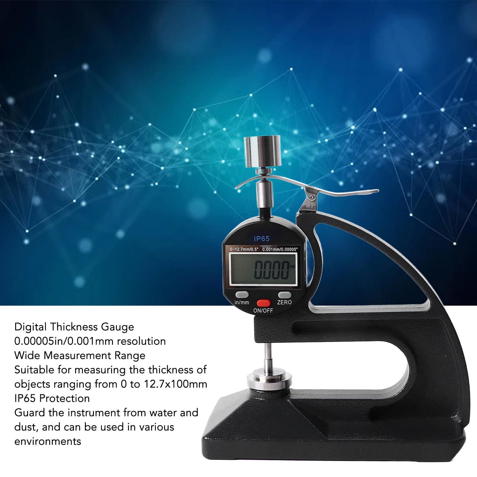 Medidor de espesor digital SustVita con resolución de 0,00005 pulgadas, rango de medición de 0 a 12,7 mm, medidor de espesor de esfera digital con diseño IP65 para una medición