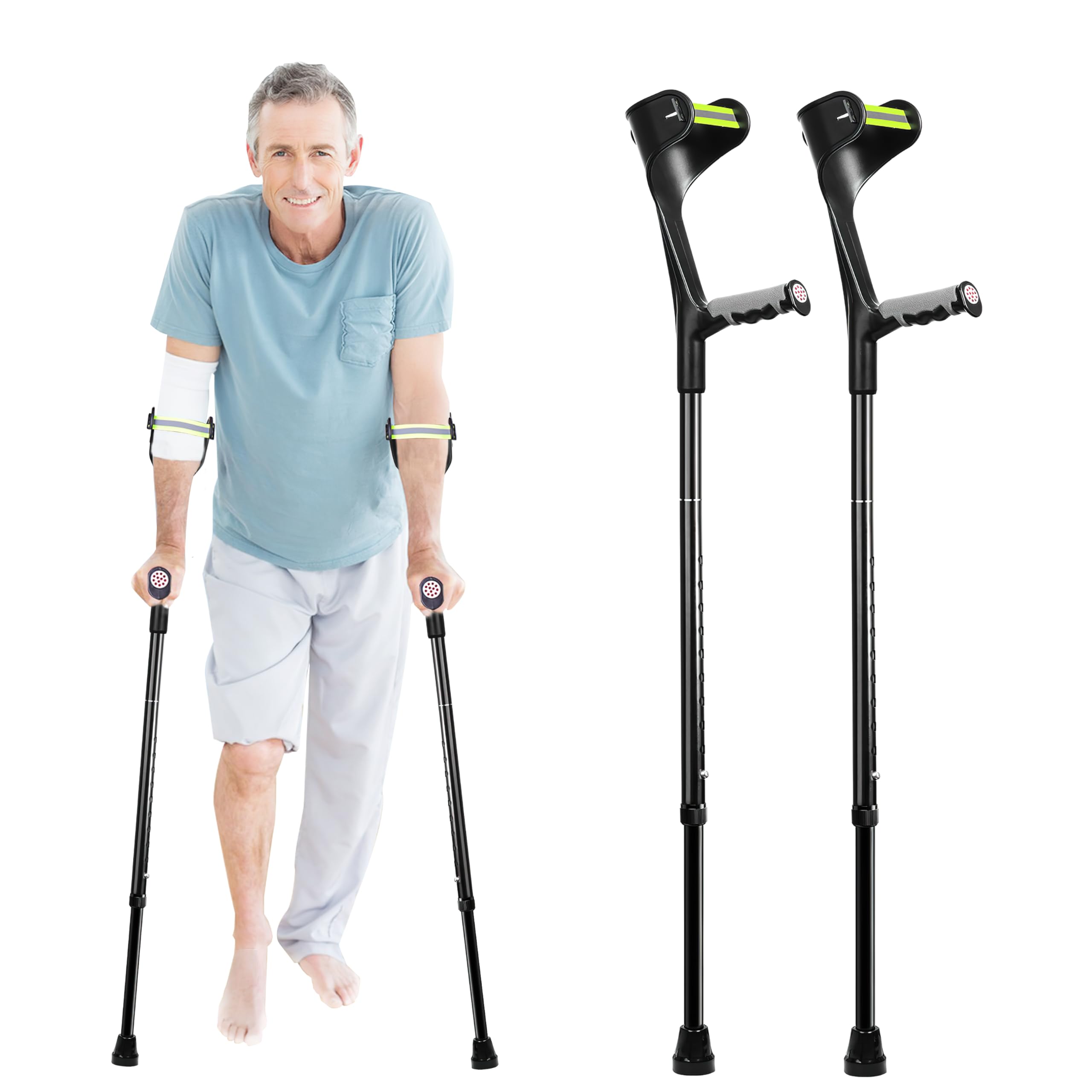 Forearm Crutches for Adults (1 Pair) Adjustable Arm Crutch with Soft Handle Non-Slip Base and Anti-Dorp Cuff, Lightweight Aluminum Arm Crutch, Portable and Foldable Crutches for Walking