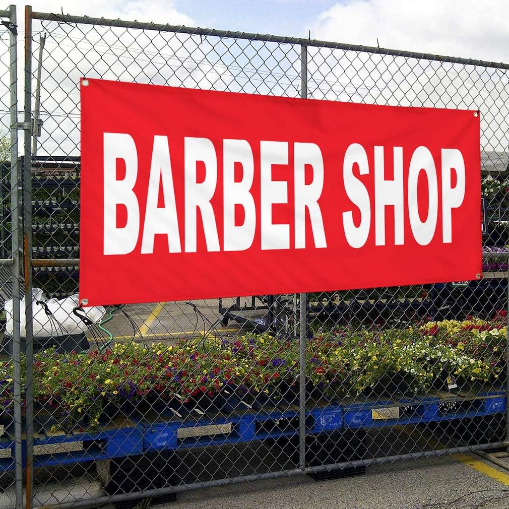 Vinyl Banner Multiple Sizes Barber Shop Red Background Business Outdoor Weatherproof Industrial Yard Signs 4 Grommets 16x40Inches