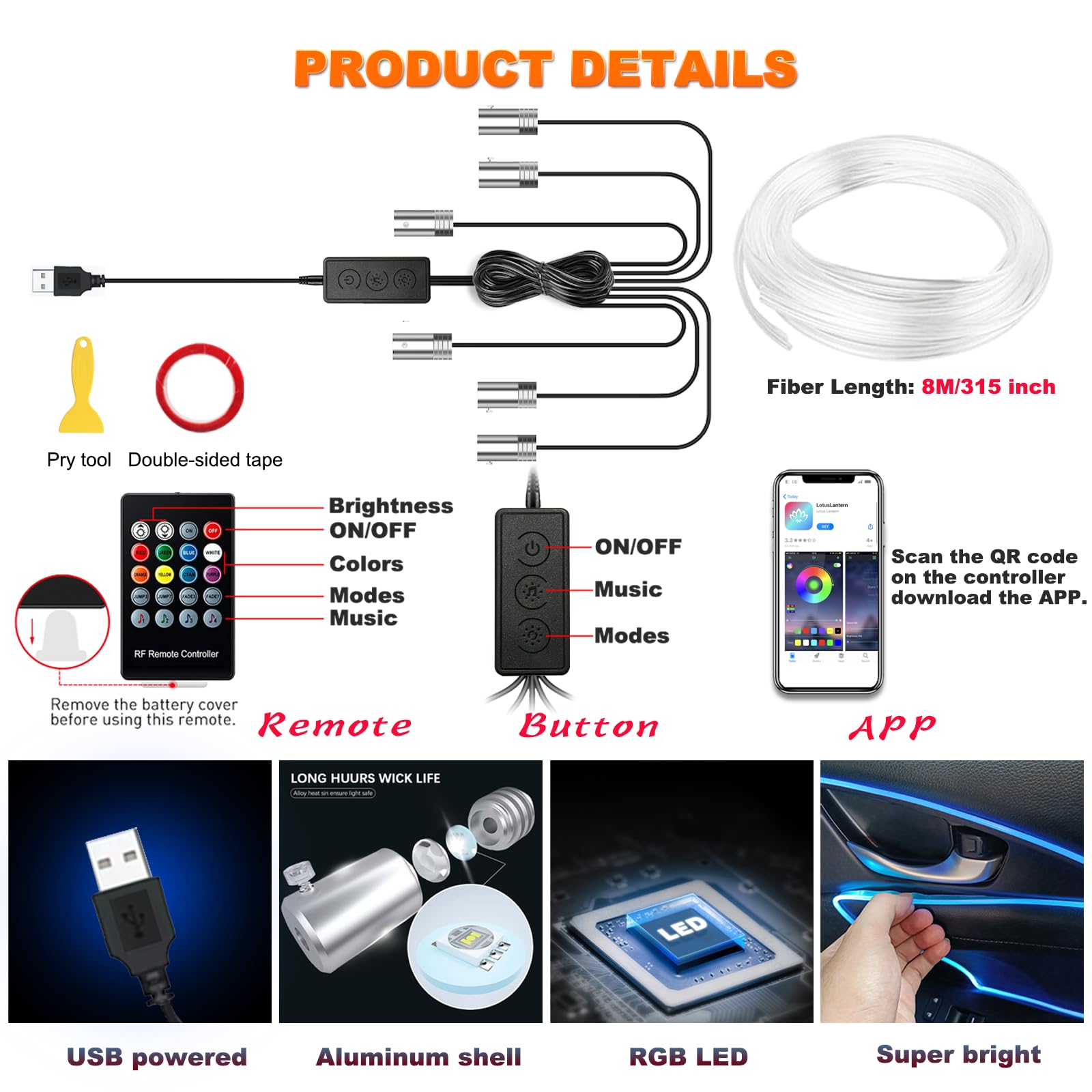 Car LED Lights Interior Car Lights with Wireless APP RF Remote Button Control Car Ambient Lighting Kit with — view 4