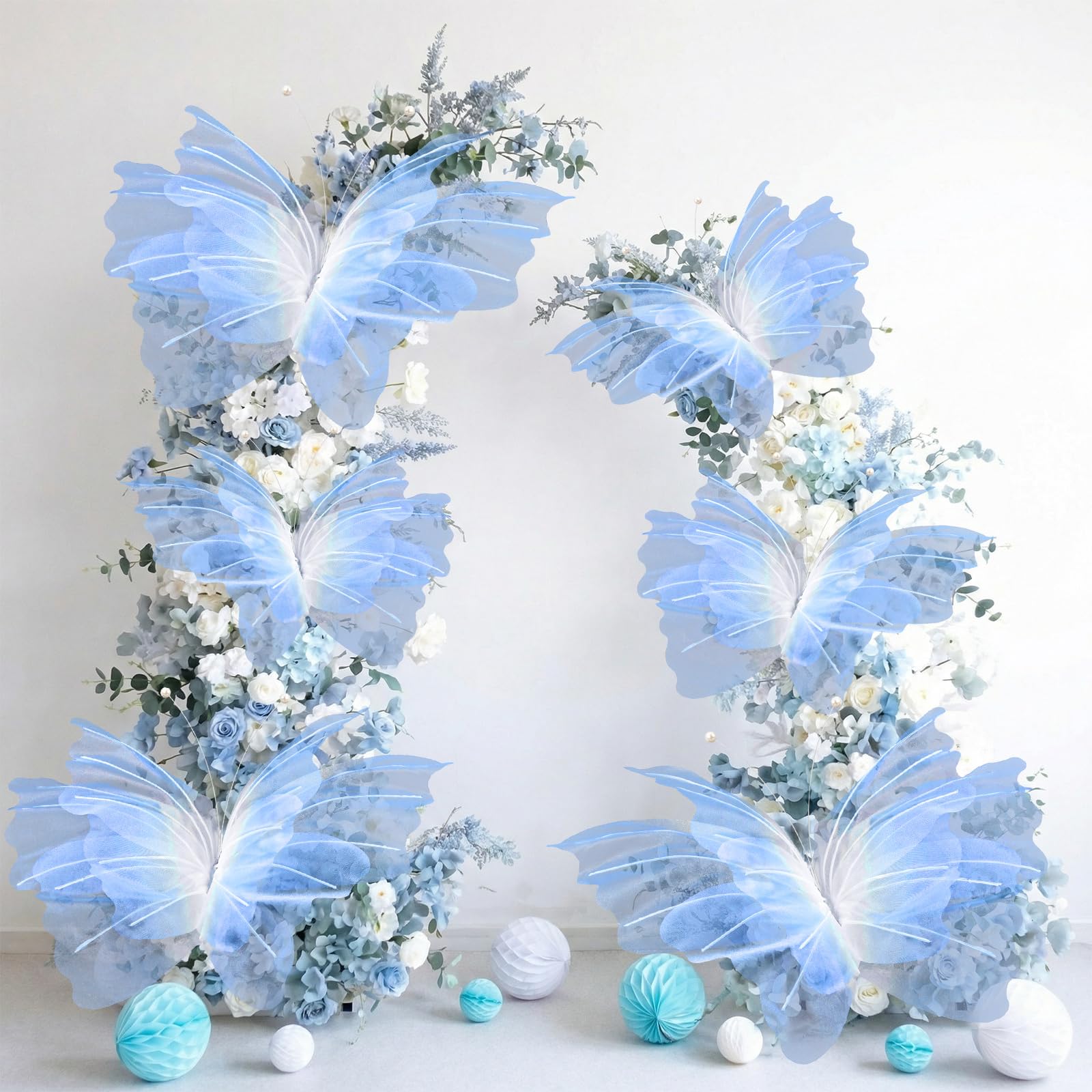 Photo 1 of Geelin 6 Pcs Large Gradient Blue Butterfly Decorations Mariposas Grandes para Decoracion Big Butterfly Party Decor 20 Inch 12 Inch 3D Silk Butterflies for Baby Shower Birthday Party Wedding Decor