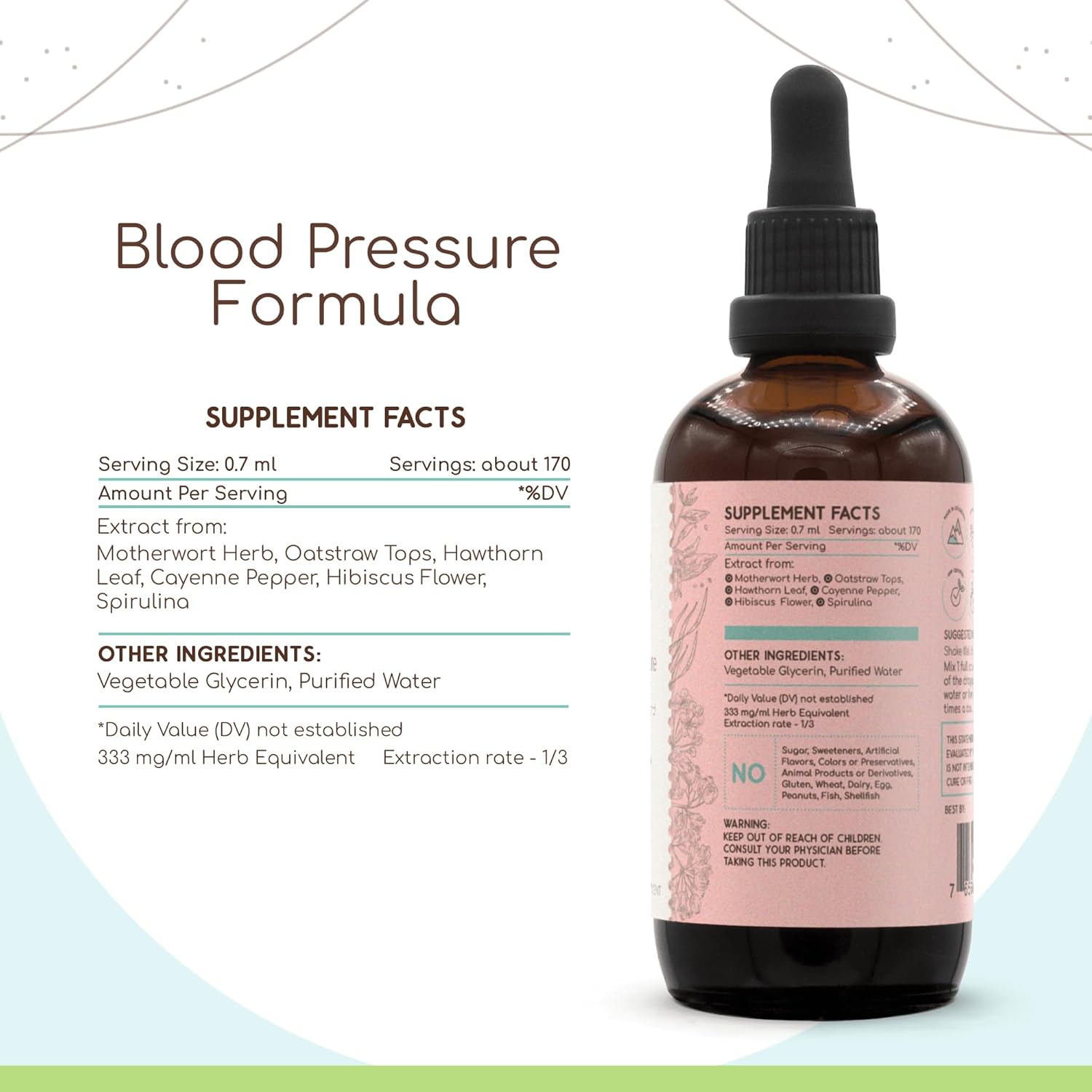 HerbEra Blood Pressure Formula B120 Alcohol-Free Extract Tincture: Hawthorn Leaf, Motherwort Herb, Cayenne Pepper, Hibiscus Flower, Spirulina. Blood Pressure Blend 4 Fl Oz