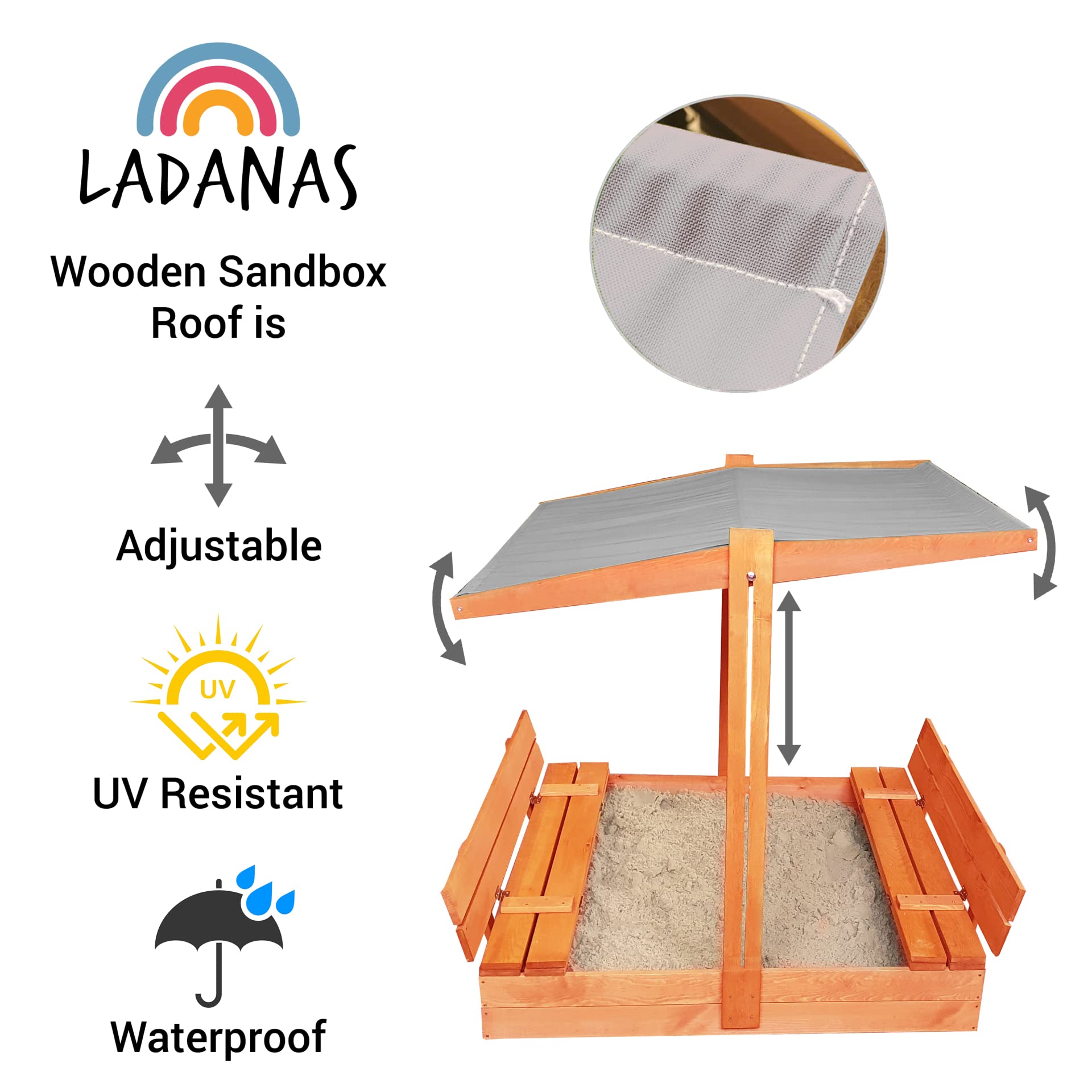 Sandkasten aus Holz mit Dach GRAU & wetterfester Tarpaulin Abdeckung - Sandkiste 120 x 120 cm. mit UV 50 Sonnenschutz & Faltbare Bank - Sandkästen rechteckig überdacht für Kinder
