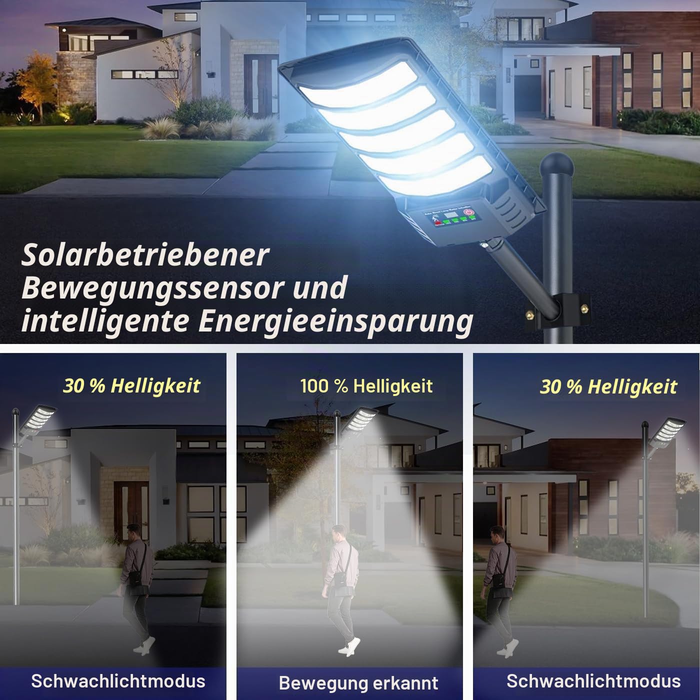 Solar Straßenlaterne für Außen 2 Stück,500W Solarlampen mit Bewegungssensor, 6500K Solarleuchten Dämmerung bis zum Morgengrauen, IP67 Wasserdichte Solarstrahler für Gärten Garage