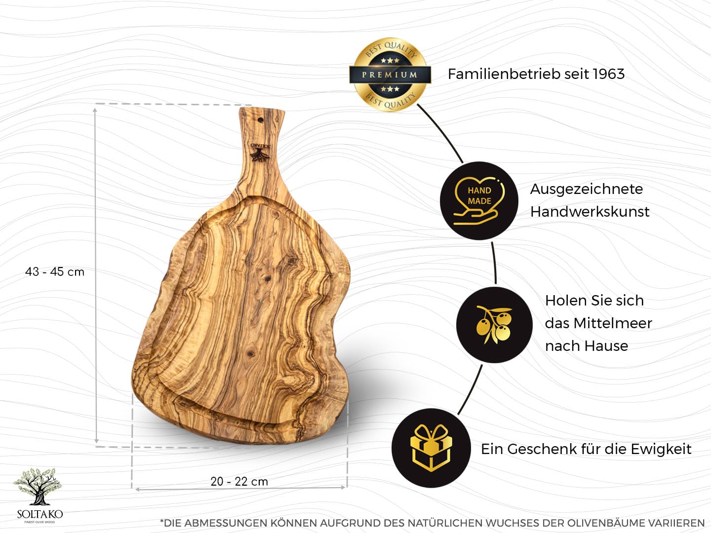SOLTAKO Olivenholz Steakbrett mit Saftrille "The Smokey BBQ" (43-45 cm) Schneidebrett aus Oliven Holz mit Griff