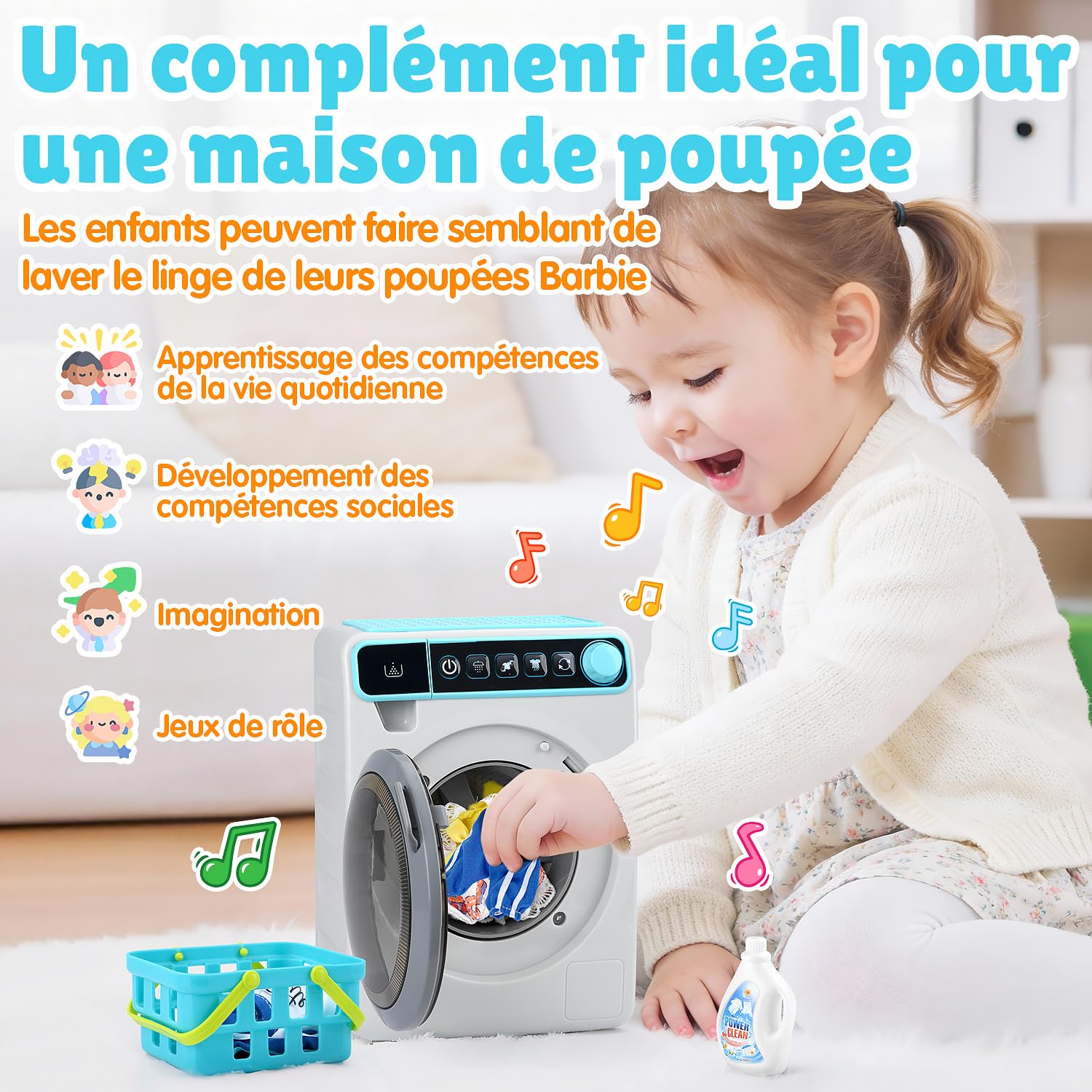 Play Machine A Laver Enfant, Électroniques Machine À Laver Jouet avec Sons Réalistes, Vêtements, paniers à Linge et Accessoires de Nettoyage, Jouet Menage Enfant pour Enfant 3-12 Ans