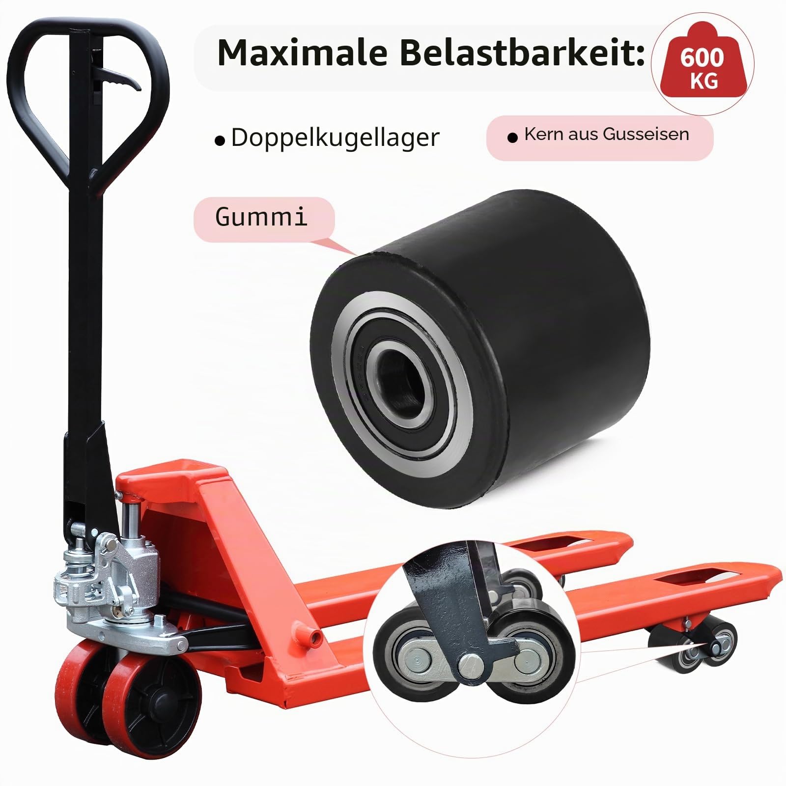 SWAWIS 4 Stück Hubwagen Rollen Gummirollen mit Kugellager 80x70 mm Achse 20 mm Rollen Stoßdämpfend verschleißfest für Hubwagen Palettenhubwagen Ersatzrollen Tragfähigkeit 600kg