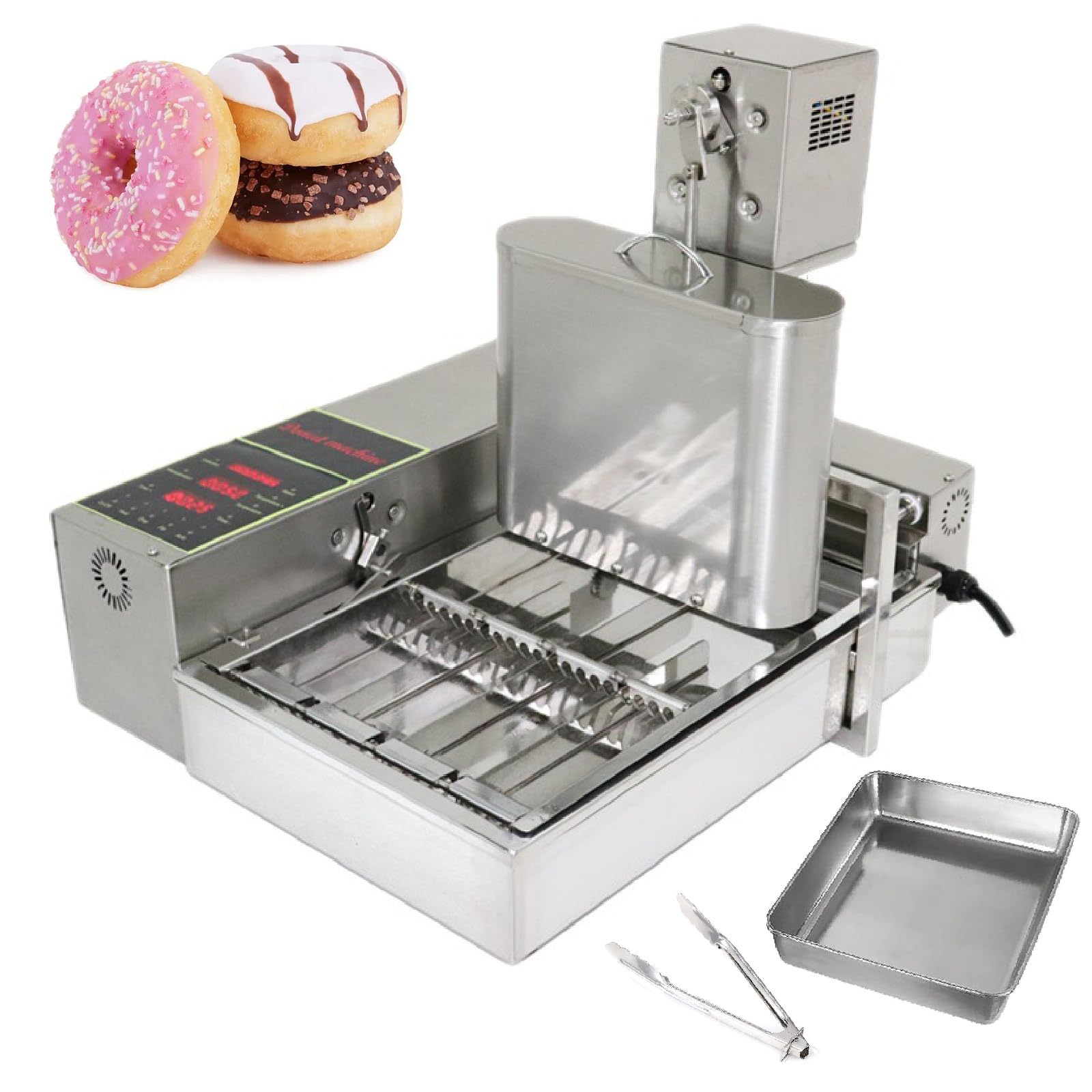 Machine à donuts automatique, Mini-friteuse à donuts, Contrôle numérique de la température (50-220°C), Épaisseur réglable, Trémie de 5,5 L, Fonction de retournement automatique