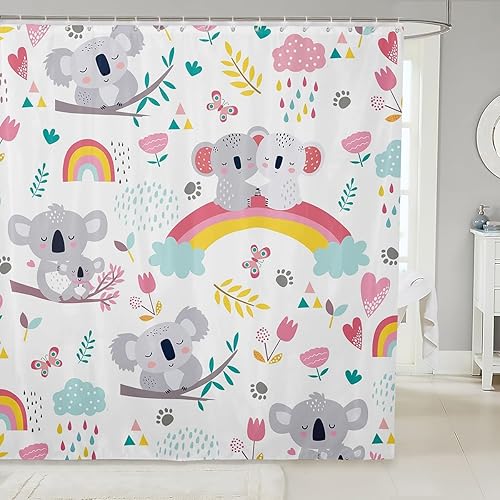 Cortina de ducha impermeable para niños, diseño de koala con dibujos animados, diseño de arco iris, cortina de ducha para niños y niñas, con flores
