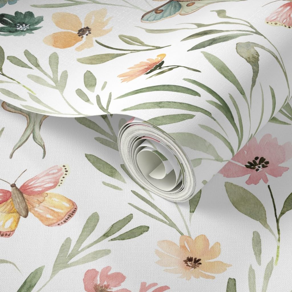 Peel & Stick Wallpaper 3ft x 2ft - Spring Garden Wildflower Meadow Butterfly Watercolor Luna Moth Hand Painted Delicate Dainty Custom Removable Wallpaper by Spoonflower