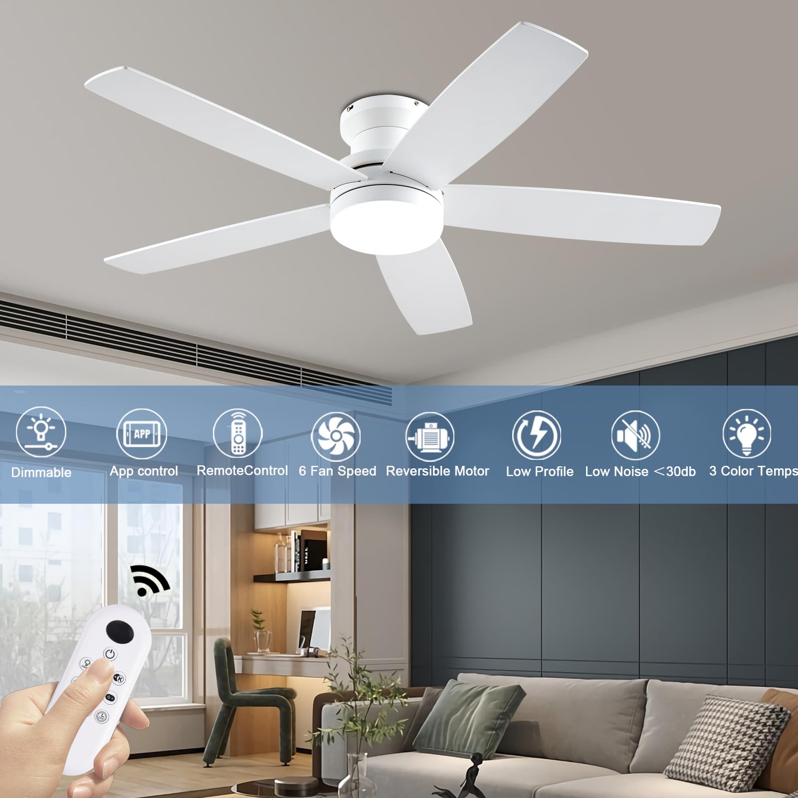 NKPU White Ceiling Fans with Lights, 48Inch Low Profile Ceiling