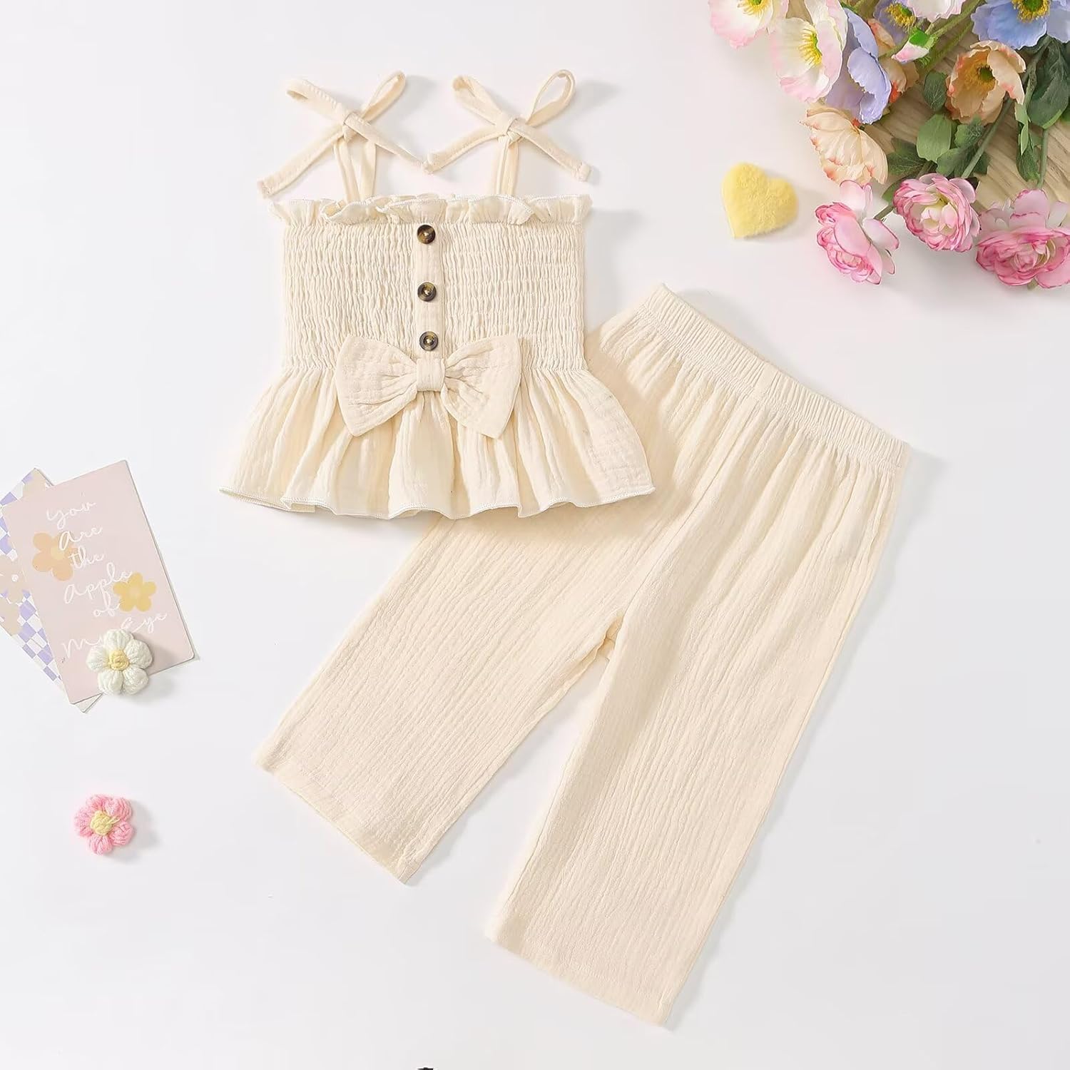 Toddler Baby Girl Summer Clothes Cute Girls Outfits Sleeveless Button Bow Camisole Pants Set 9 Months-4T - Image 2