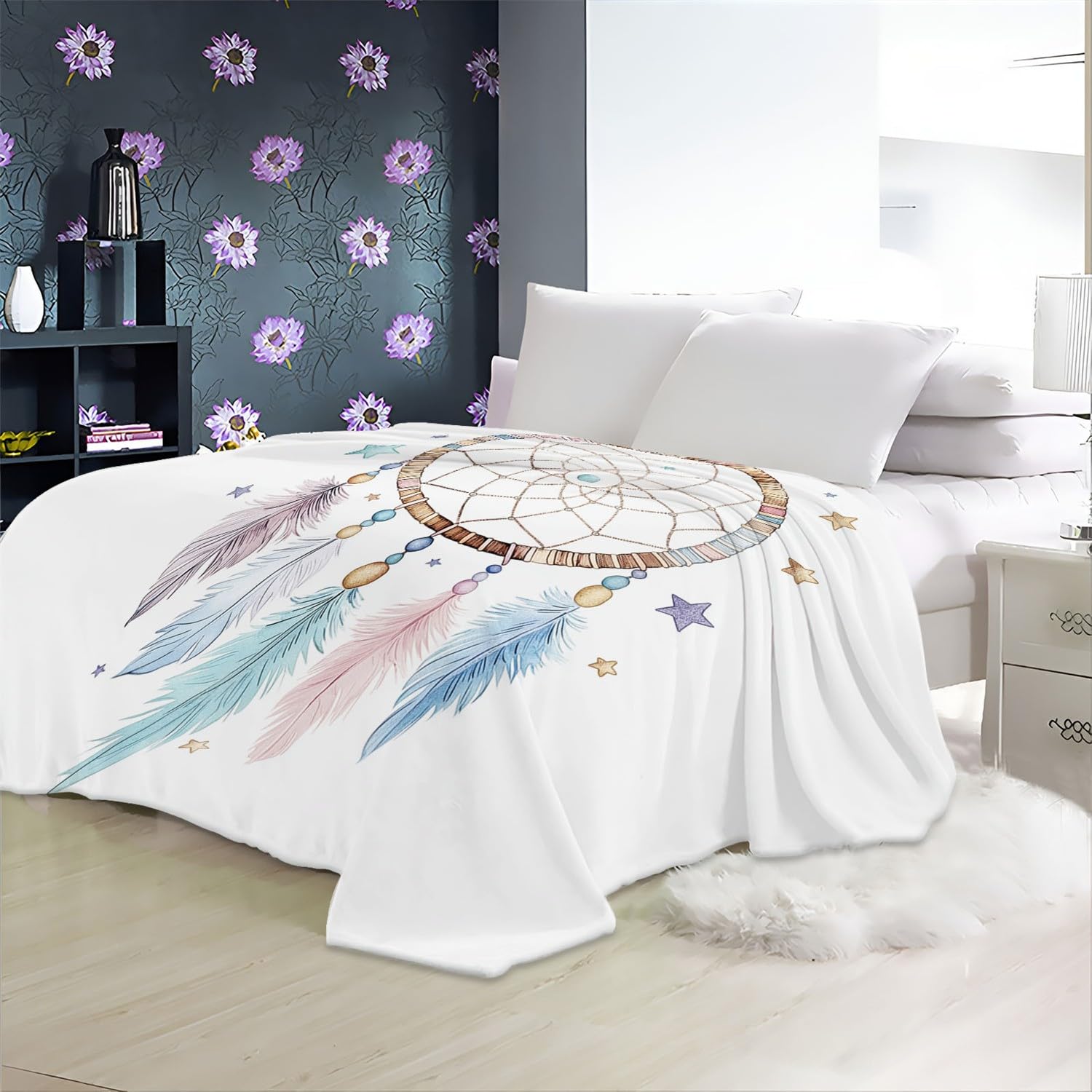 Manta de Franela Atrapasueños Boho con Estrellas Manta de Microfibra Ligera y de Terciopelo Suave para sofá 150X 180 Color Manta Suave y cálida para la Cama