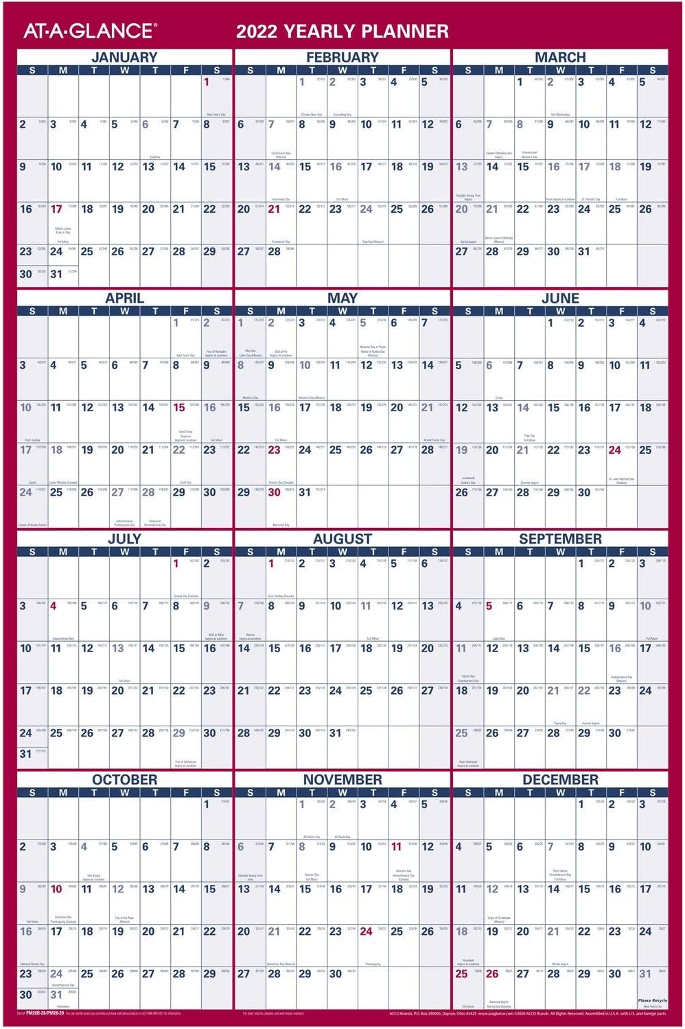 2022 Erasable Calendar, Dry Erase Wall Planner by AT-A-GLANCE, 36" x 24", Large, Yearly, Vertical/Horizontal, Reversible (PM26P28)