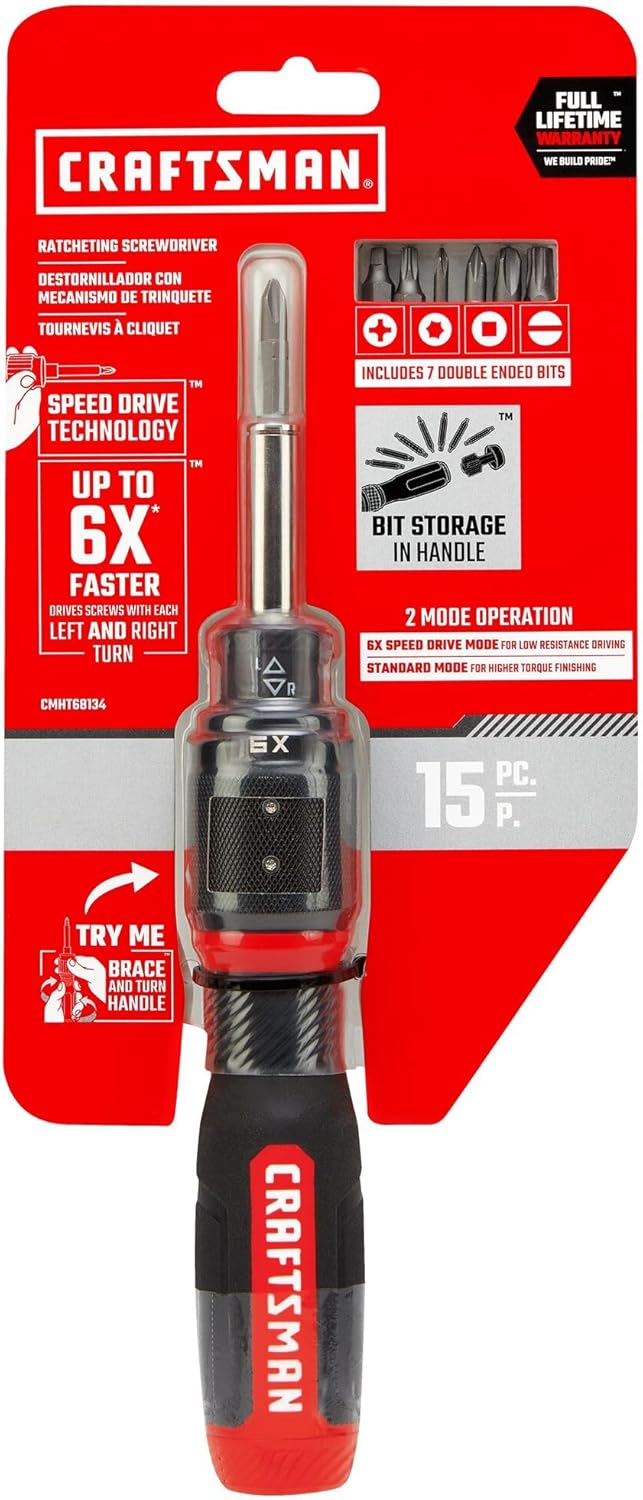All 7 double-ended bits included with the CRAFTSMAN 15pc 6x SpeedDrive Ratcheting Screwdriver, laid out next to the main screwdriver body.