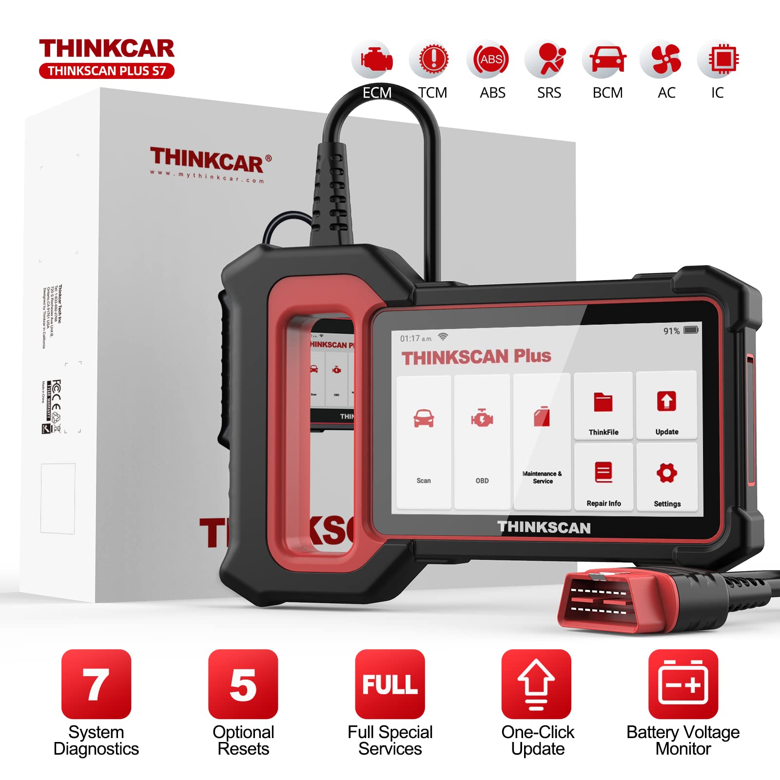 THINKCAR Car Scanner Thinkscan Plus S7 OBD2 Scanner, 7System Diagnosis ECU/TCM/ABS/SRS/BCM/AC/IC Cod