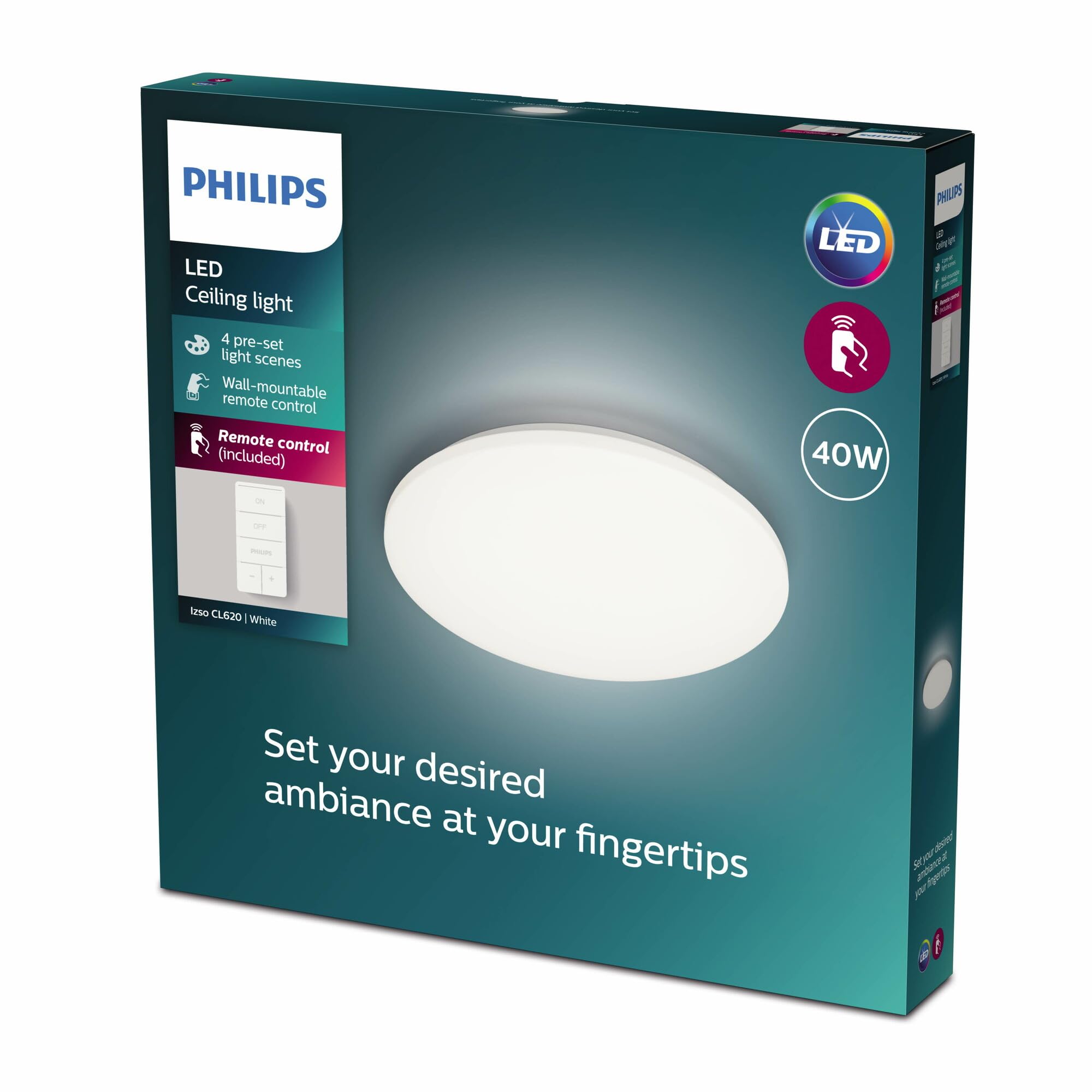 Philips LED Izso, Plafoniera Rotonda + telecomando, Luce Bianca da Calda a Fredda, Dimmer a Fasi, 40W, Bianco