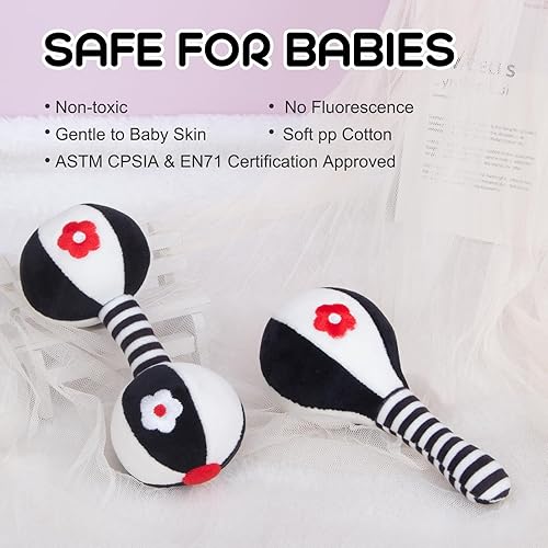 Miniatura 4 de Sonajeros suaves para bebés de 0 a 6 meses, paquete de 2 juguetes de desarrollo infantil con contraste blanco y negro  Juguetes sensoriales para