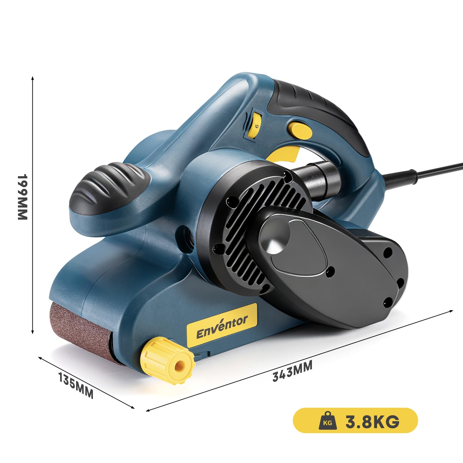 Enventor Ponceuse à Bande 950W, 6 Vitesse Variables (120-380 tr/min), 2 en 1 Ponceuse à Cordon avec Sac à Poussière et 12 Bandes Abrasives (P80, P120, P180,P240) 76 x 533 mm