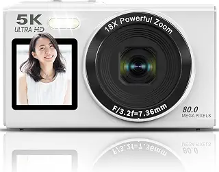 Beho 5K デジタルカメラ 8000万画素 スマホに送れる デジカメ WIFI転送機能 デュアルスクリーン 自撮り コンパクト カメラ | フィルター オートフォーカス 18倍デジタルズーム コンパクト ウェブカメラ 16GBマイクロSDカード付き 軽量 誕生日 VLOG 子供 初心者向け 修学旅行 ホワイト