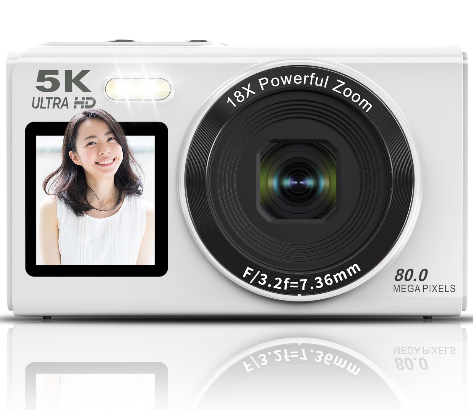 Beho 5K デジタルカメラ 8000万画素 スマホに送れる デジカメ WIFI転送機能 デュアルスクリーン 自撮り コンパクト カメラ | フィルター オートフォーカス 18倍デジタルズーム コンパクト ウェブカメラ 16GBマイクロSDカード付き 軽量 誕生日 VLOG 子供 初心者向け 修学旅行 ホワイト