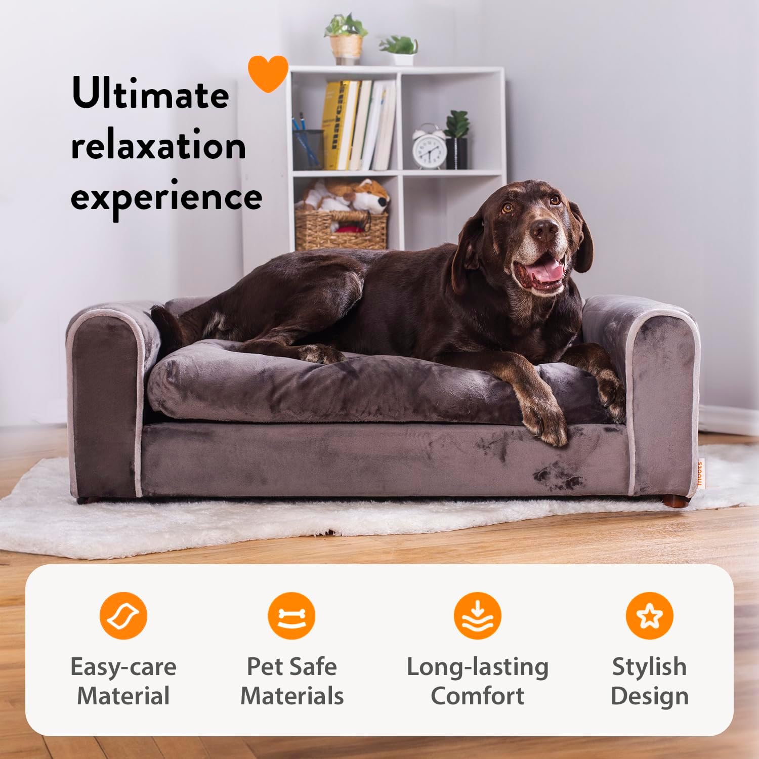 Moots Furry Pet Lounge, Pet Bed with 2 Pillows, Deluxe Sofa for Dogs, Easy to Coordinate, Stylish and Cleanable Dog Sofa, Couch - Charcoal, Large