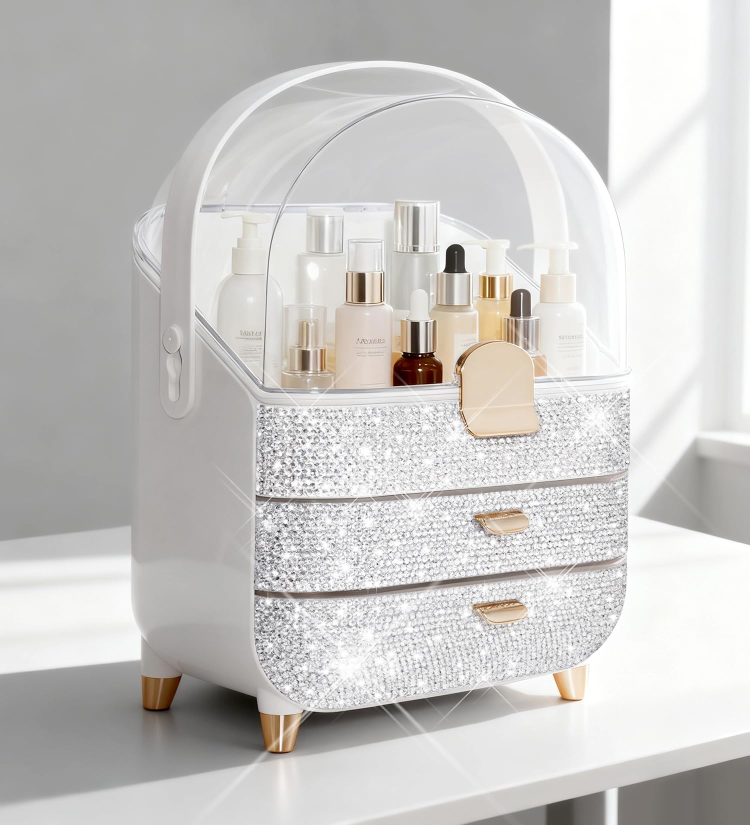 Organiseur maquillage scintillant pour coiffeuse ordonnée et routine beauté lumineuse